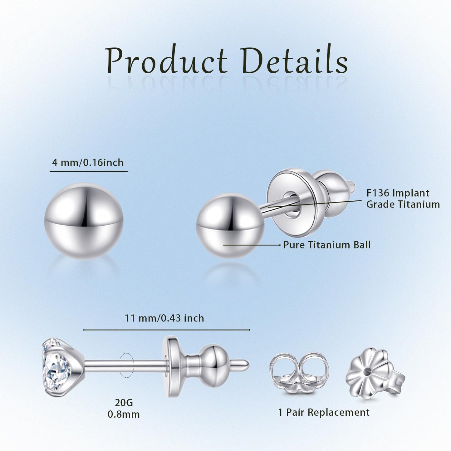 Limerencia G23 Pure Titanium Earrings F136 Implant Grade Titanium Studs 20G Hypoallergenic Round Cubic Zirconia/Princess-Cut/Square/Ball Earrings for Women Men Sensitive Ears(4mm Round Ball)