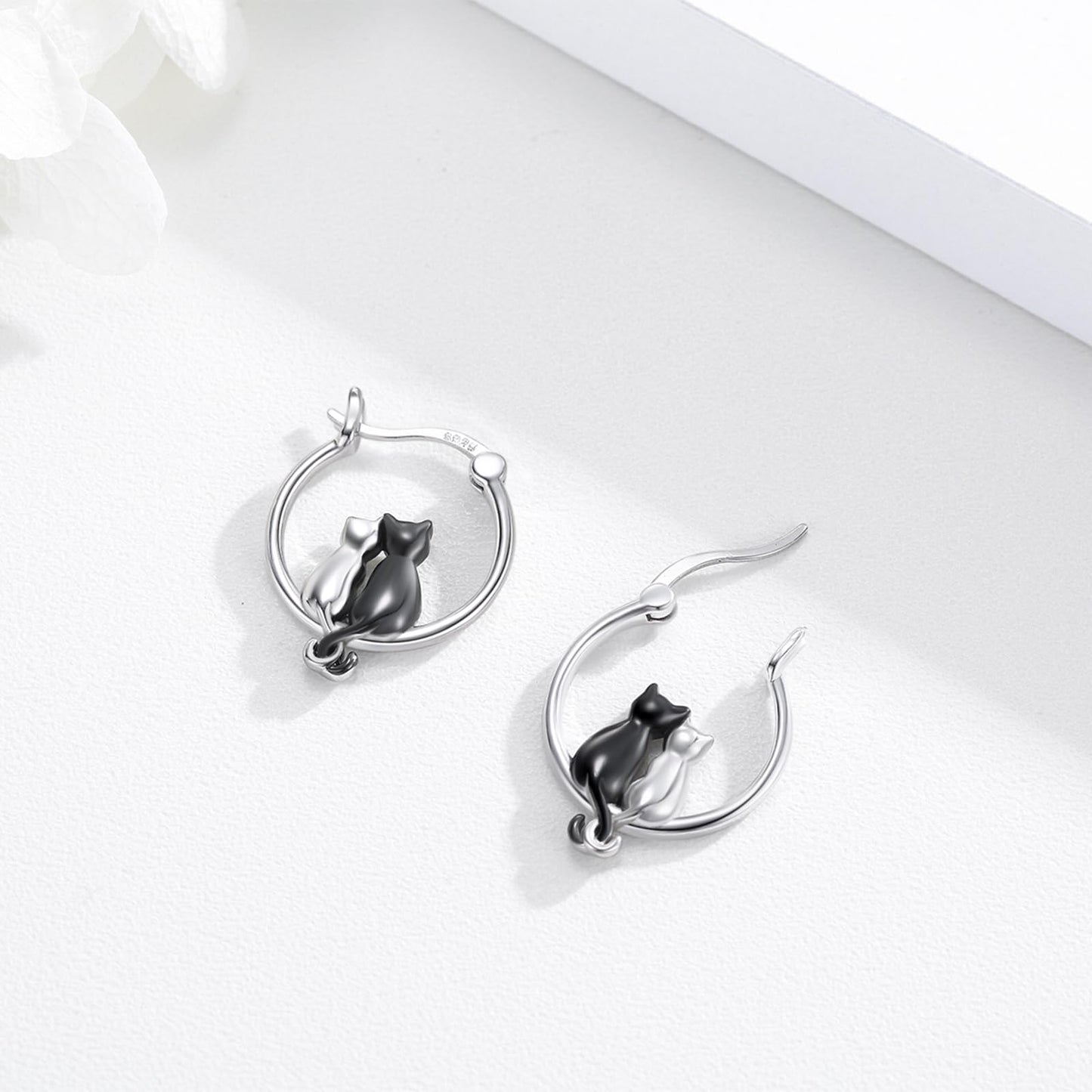 Two Cats Earrings 925 Sterling Silver Black and Silver Cat Huggie Hoop Earrings Animal Jewelry Best Friend Couples Sister Gifts for Cat Lovers Women