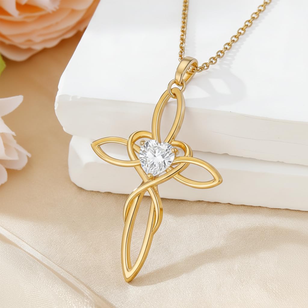 POIUY Celtic Knot Cross Birthstone Necklace for Women Irish Infinity 14K Gold Heart Pendant Cross Jewelry Anniversary Valentines Birthday Mothers Day Gifts for Mom Wife Her