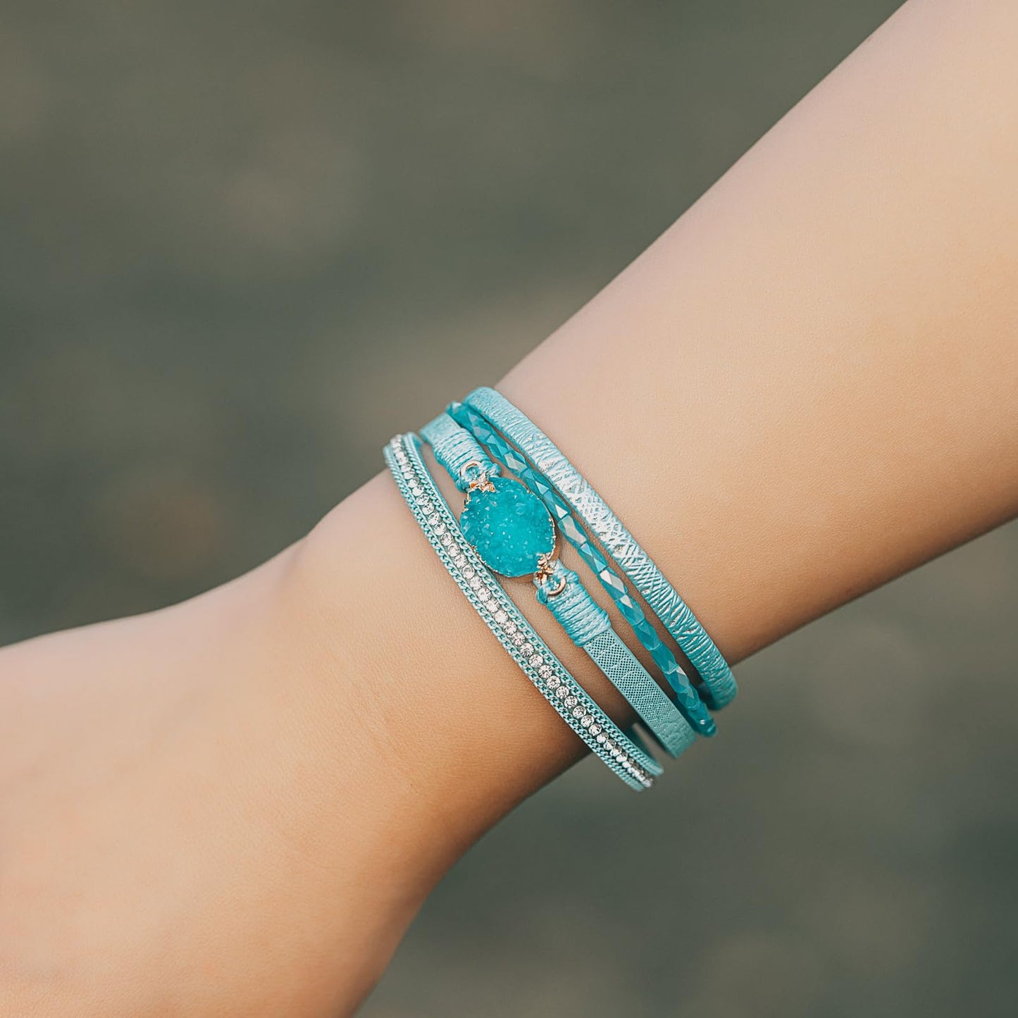 FANCY SHINY Boho Leather Wrap Bracelet Stackable Chunky Crystal Cuff Bracelets with Magnetic Clasp Cowboy Cowgirl Western Summer Beach Outfits Jewelry Gifts for Women (7.7", Teal)