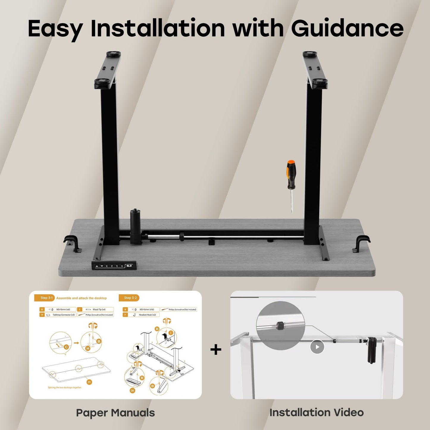 JYLH JOYSEEKER Grey Standing Desk, 48 X 24 Inch Adjustable Height Electric Table, Sit Stand Desk with 2 Hooks, Ergonomic Rising Workstation with Splice Board