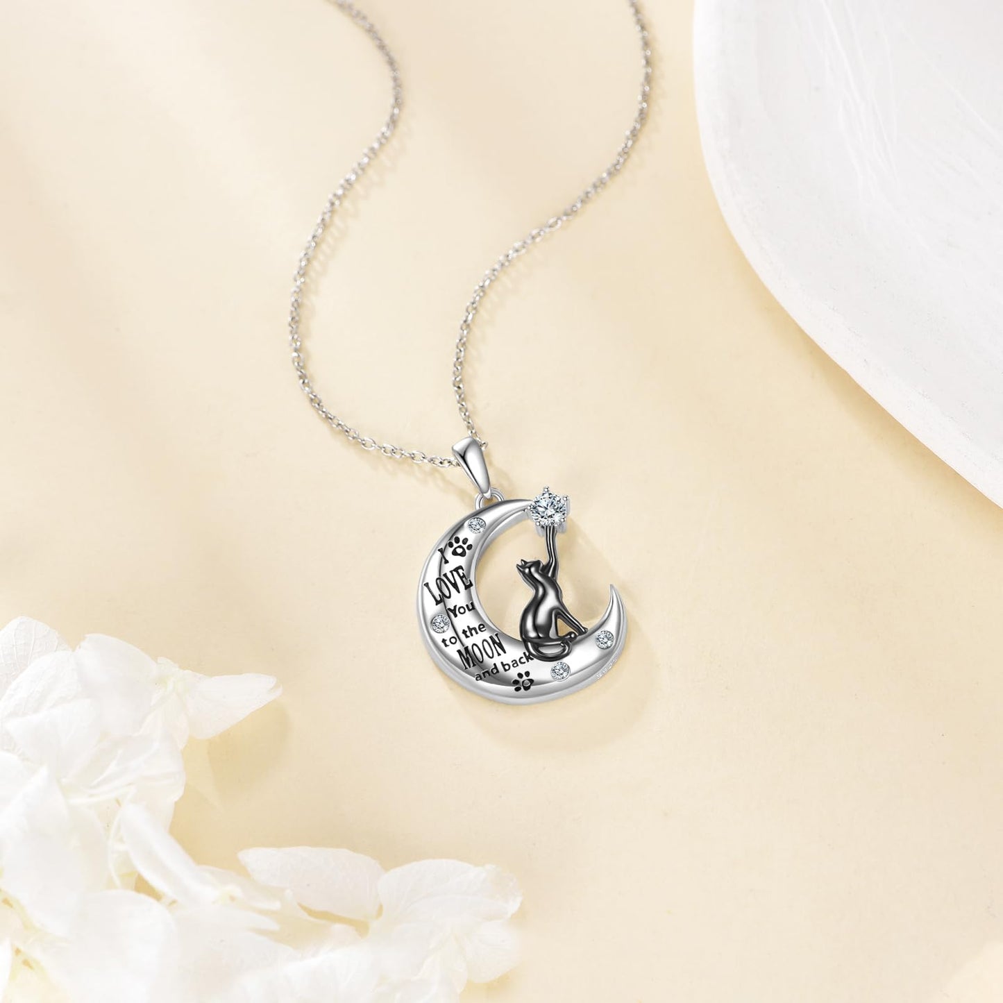 SOACAE Moissanite Cat Necklace 925 Sterling Silver I Love You To The Moon And Back Pendant 0.3ct Lab Created Moissanite Jewelry Black Cat Gifts for Women