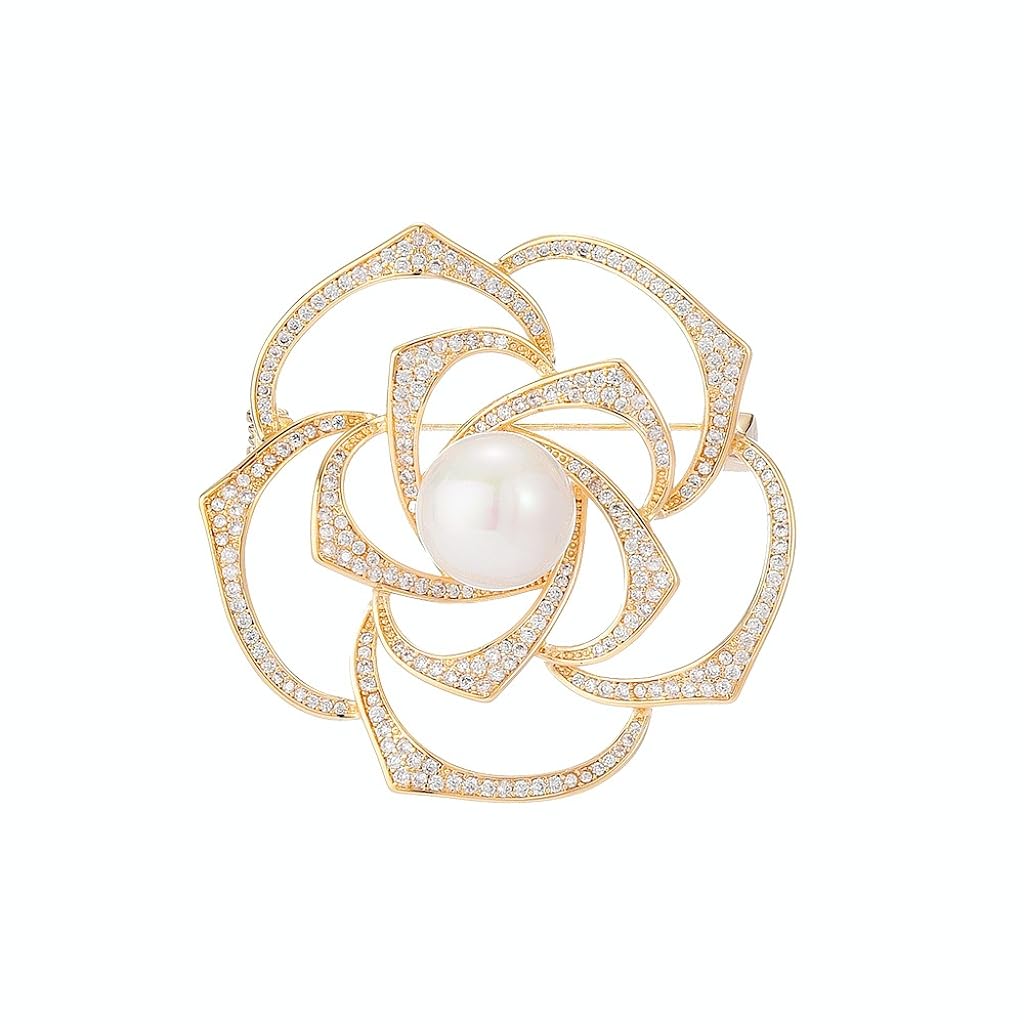 EMEGCY Gold Rose Brooch for Women Rhinestone Rose Flower Brooch Pin 18K Gold Plated Hollow Flower Lapel Pin Floral Jewelry Gift for Mom Wife Birthday