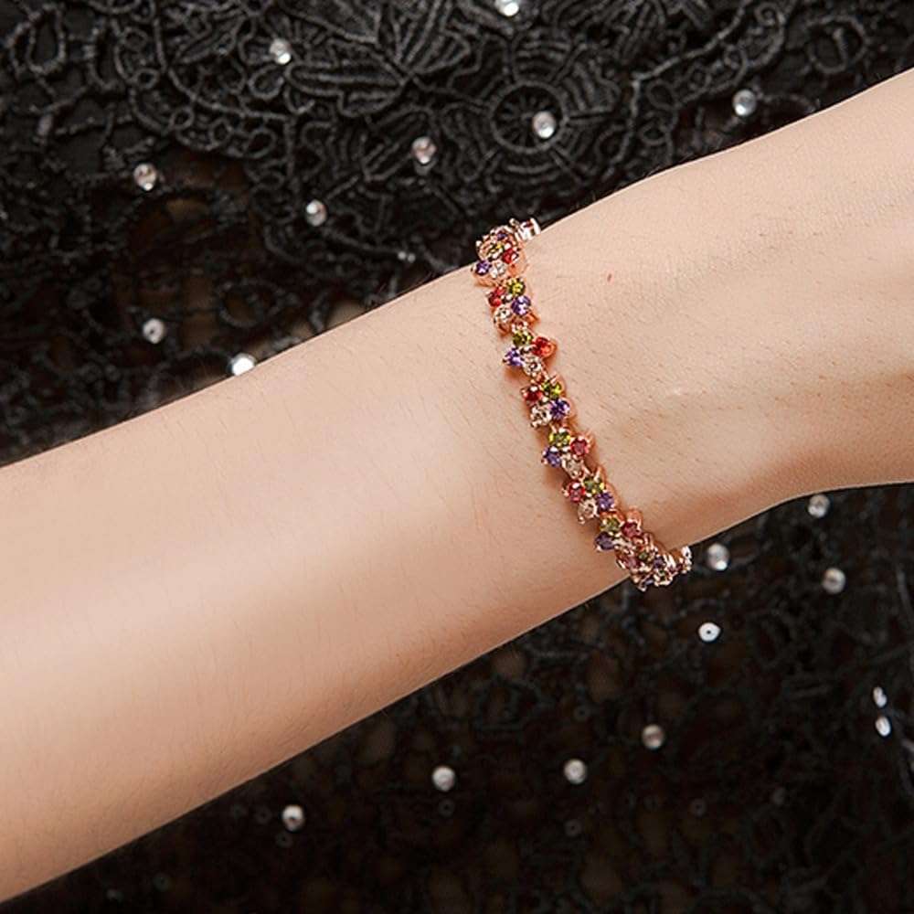 PAENENPH 18K Rose Gold Bohemian Style Colorful Crystal Bracelet for Women,Flower Shape Natural Crystal Rainbow Link Bracelet,Luxury Bracelet Jewelry Gift for Her (Style 2 (Flower), 18K Gold)
