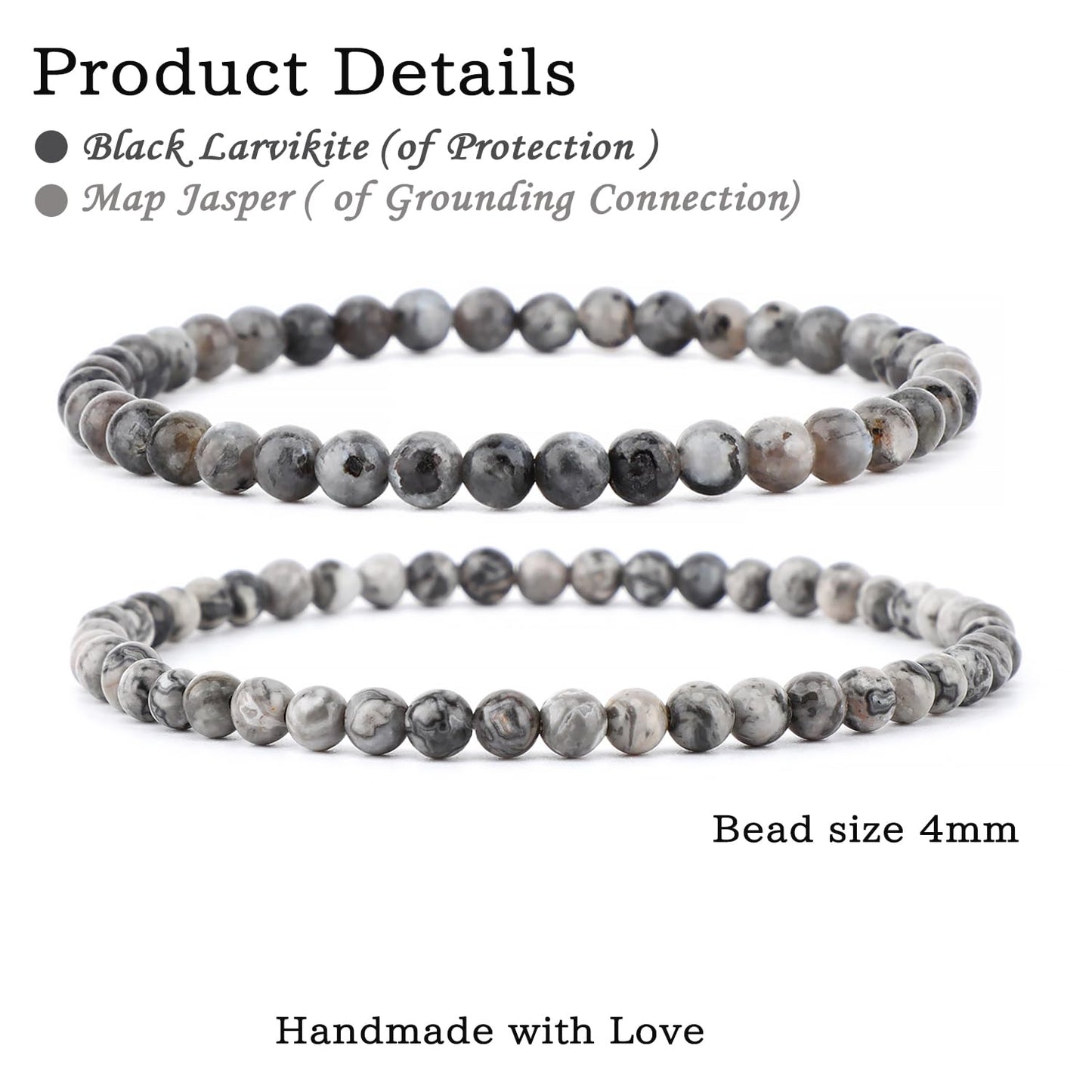 NCB 2-Piece 4mm Natural Crystal Gemstone Stretch Bracelets – ﻿Black Larvikite, Map Jasper Handmade Reiki Energy Healing Jewelry for Meditation,Yoga, Unisex
