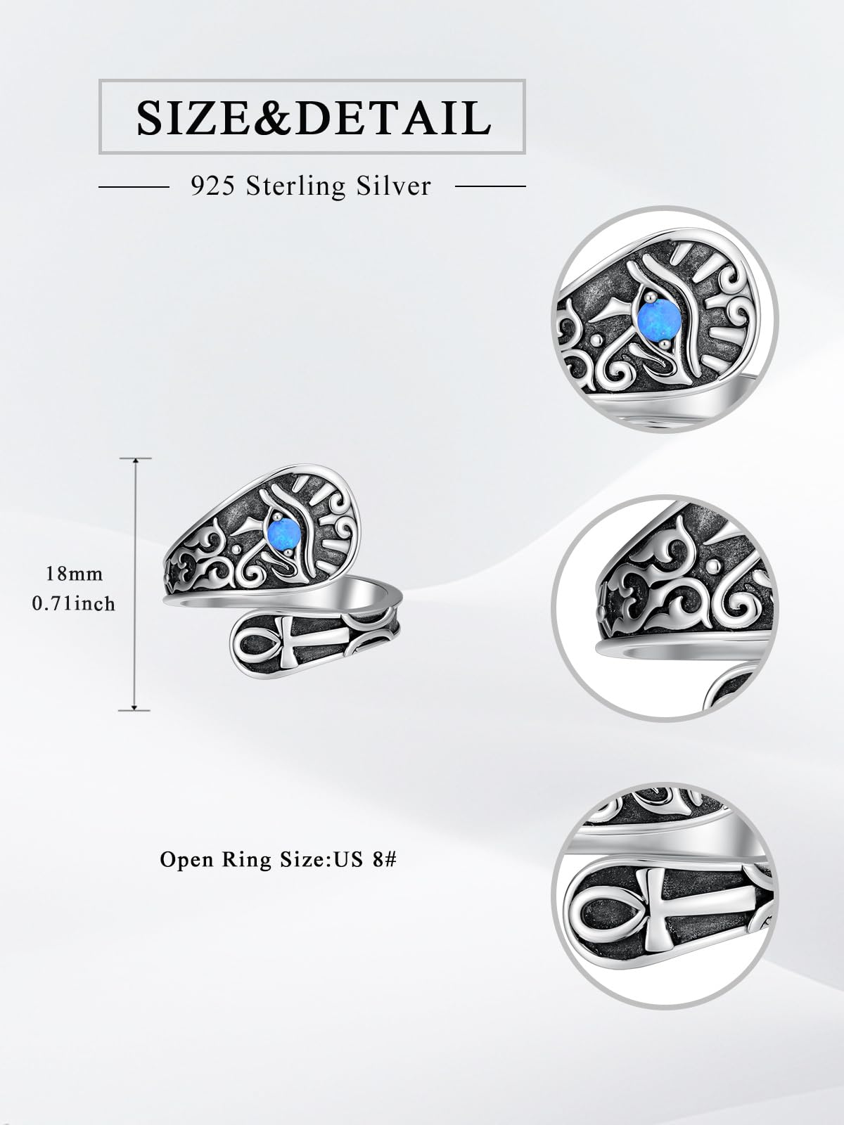 Midari Egypt Eye of Horus Spoon Ring 925 Sterling Silver Adjustable Vintage Ankh Cross Spoon Thumb Rings with Blue Opal Jewelry for Women Halloween Birthday Christmas Gifts