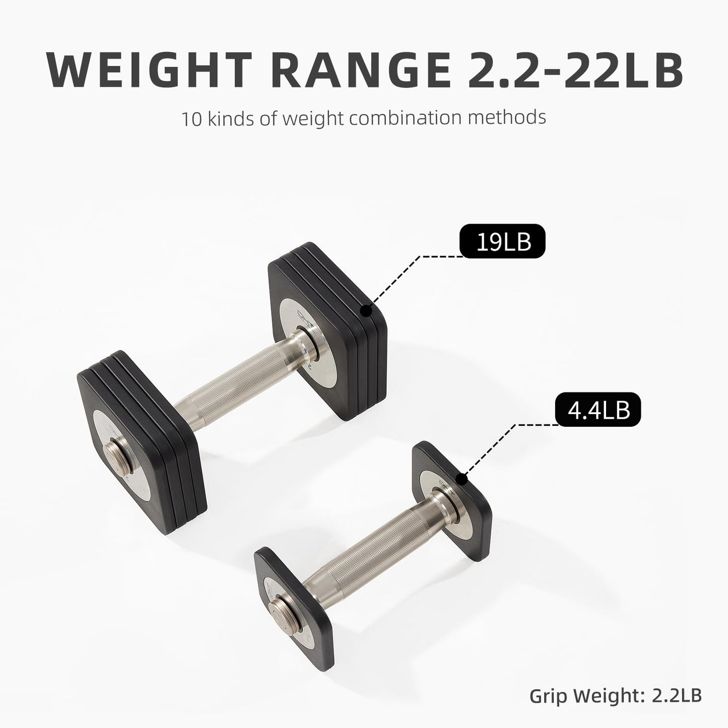 DHT Adjustable Dumbbells with Rack, Anti-Rolling Free Weights Set, 4-22.8 lbs, Black