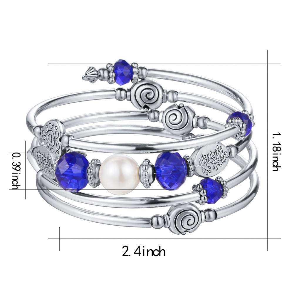 PEARL&CLUB Bead Crystal Wrap Bangle Bracelet - Fashion Jewelry Beaded Bracelet with Silver Metal, Gifts for Women(92-Sapphire)