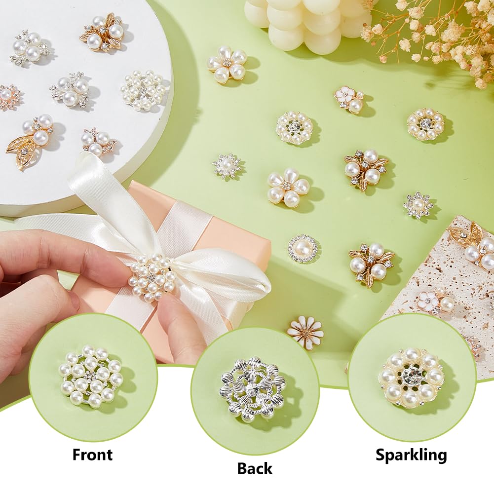 SUPERFINDINGS 60Pcs 15 Styles Rhinestone Buttons White Faux Pearl Buttons Flower Button Embellishments Craft Flat Back Rhinestone Embellishments for Sewing DIY Wedding Clothes Bags Shoes Decorations