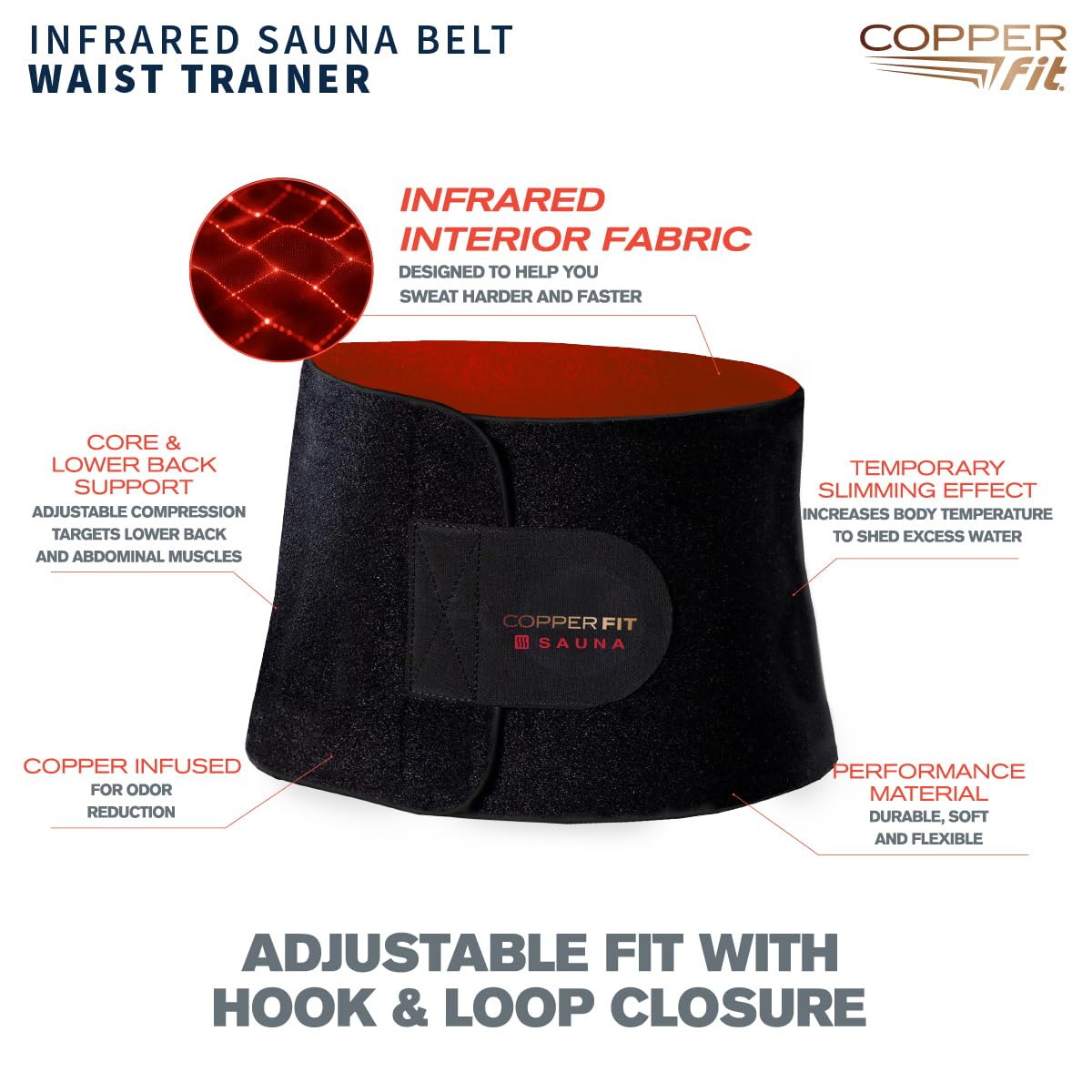 Copper Fit Infrared Sauna Belt – Waist Trainer for Men & Women – Increases Sweat & Supports Core – Adjustable Compression – Copper-Infused (Black, SM)
