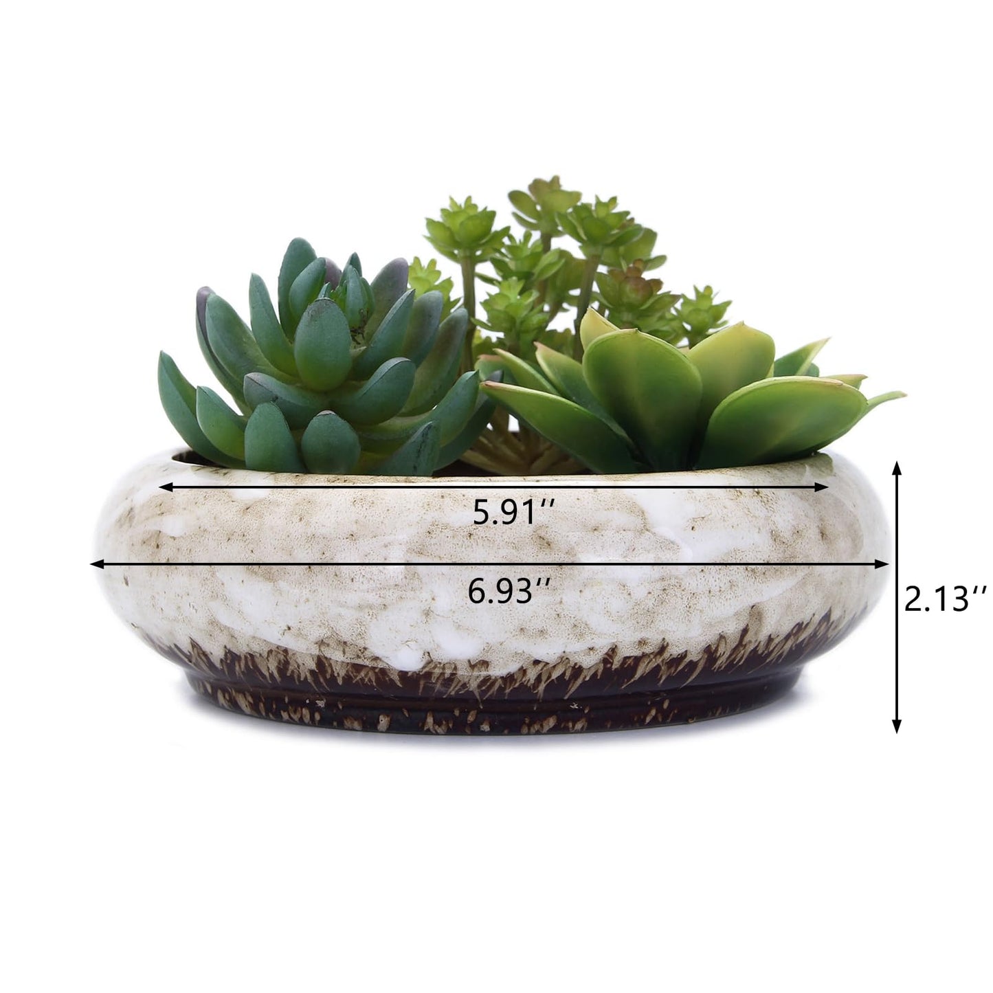 VanEnjoy 7.3 inch Round Large Shallow Succulent Ceramic Glazed Planter Pots with Drainage Hole, Bonsai Pots Garden Decorative Cactus Stand Flower Container (White)