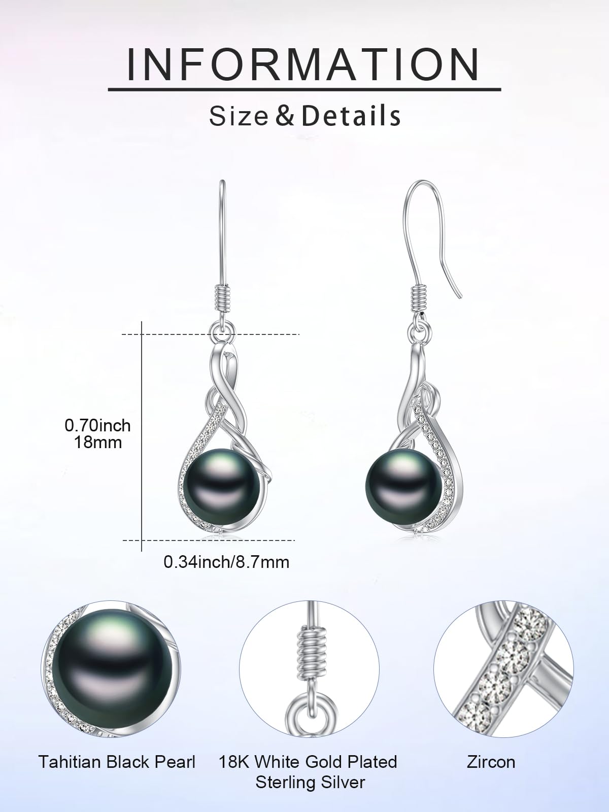 KANNSOAR 925 Sterling Silver 7MM Tahitian Black Pearl Dangle Drop Earrings, 18K White Gold Plated, Everyday Infinity Earrings for Women Hypoallergenic Jewelry Gift for Anniversary Birthday Christmas