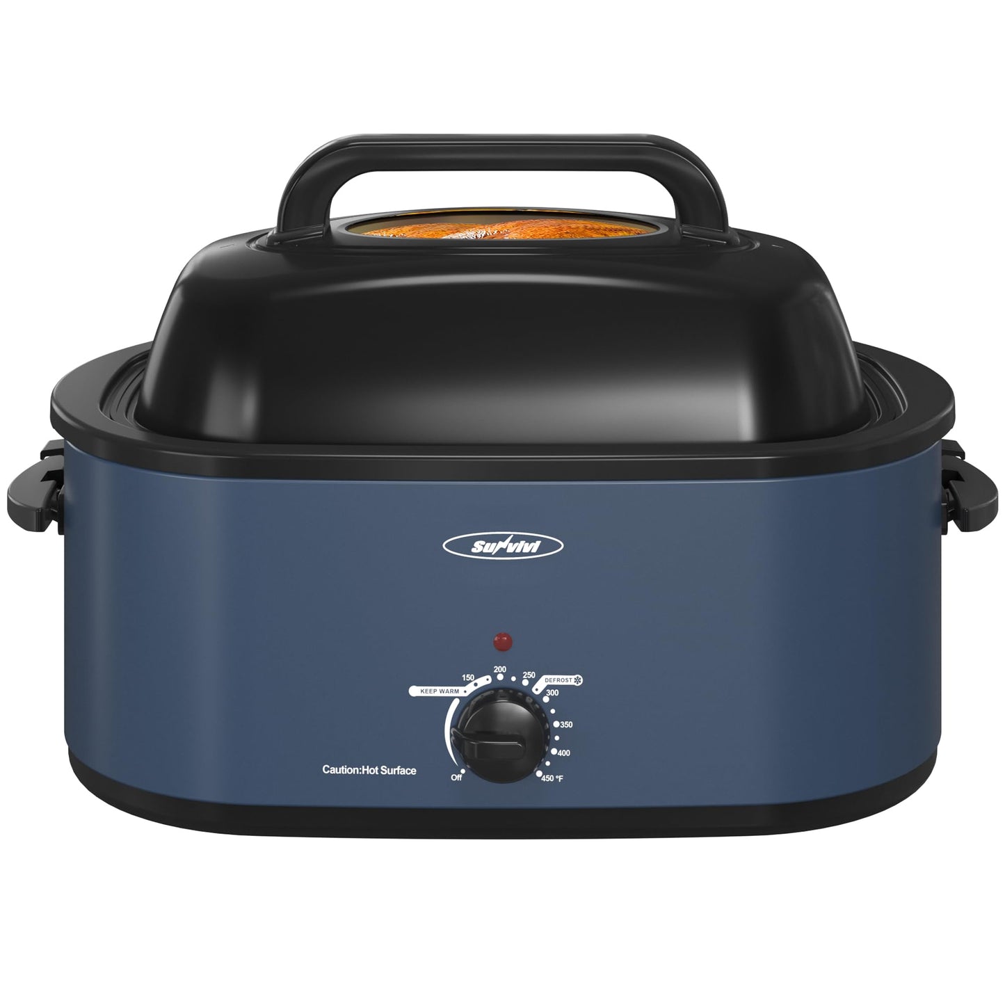 Sunvivi Roaster Oven, Electric Roaster Oven with Viewing Lid, 30lb 26-Quart Turkey Roaster with Unique Defrost/Warm Function, Large Roaster with Removable Pan & Rack, Stainless Steel, Blue