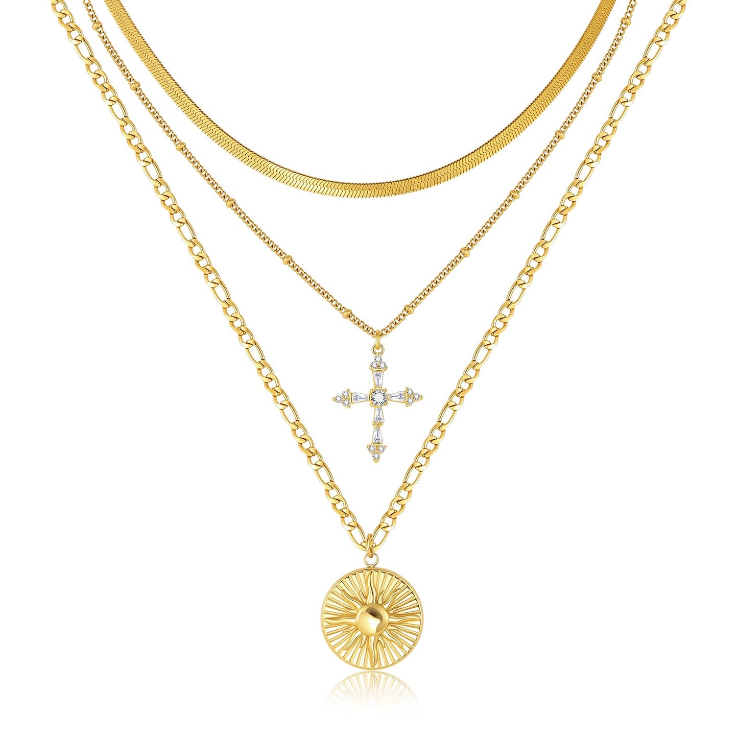 Gold Layered Necklace for Women - 3Pcs 18K Gold Plated Cross Necklaces, Stainless Steel Stackable Necklace Cuban Link Paperclip Chain Trendy Jewelry, Herringbone Choker Christmas Birthday Gift for