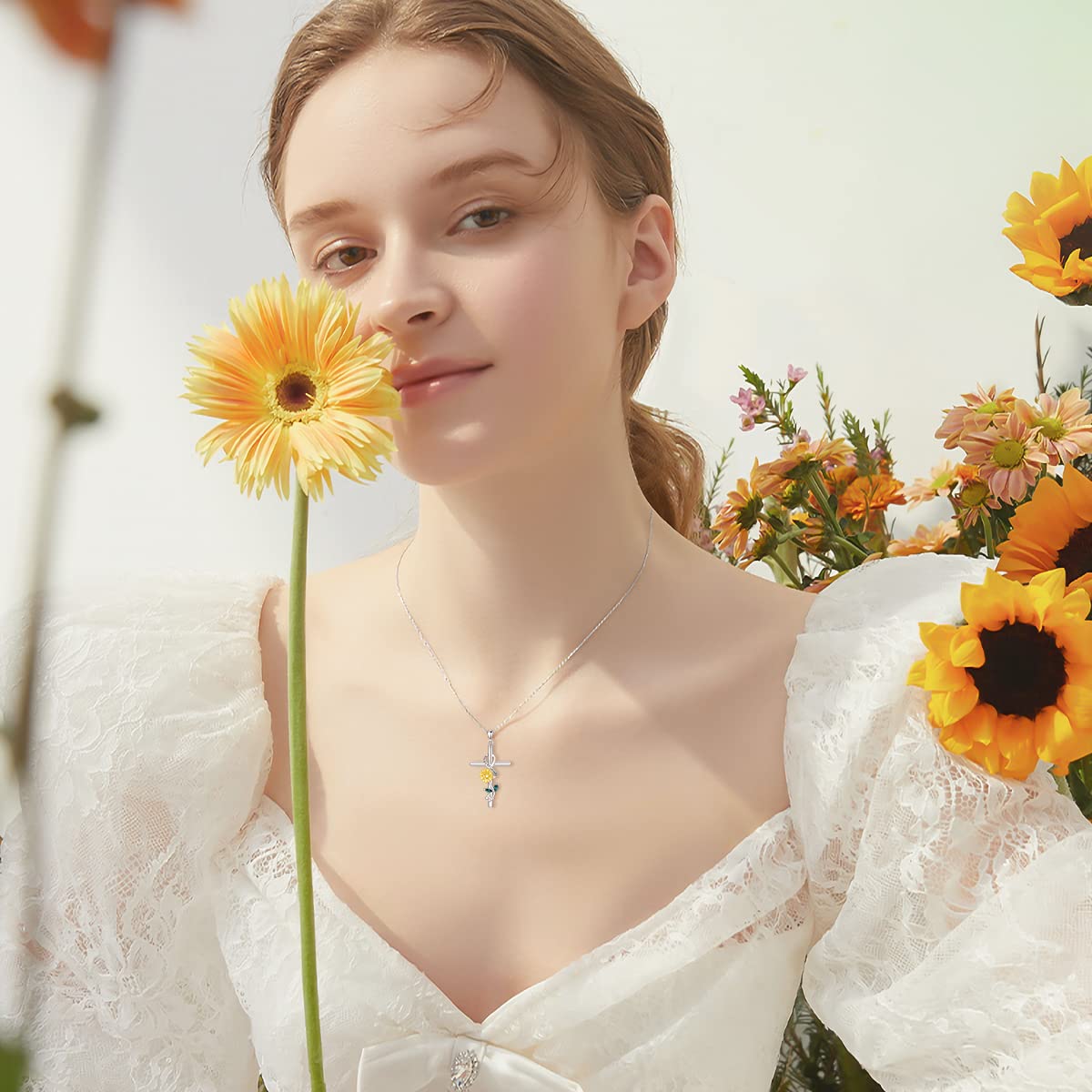 Flpruy Sunflower Necklace for Women 925 Sterling Silver Sunflower Cross Pendant Necklace You Are My Sunshine Necklace Sunflower Jewelry Gifts for Mom Wife Sister