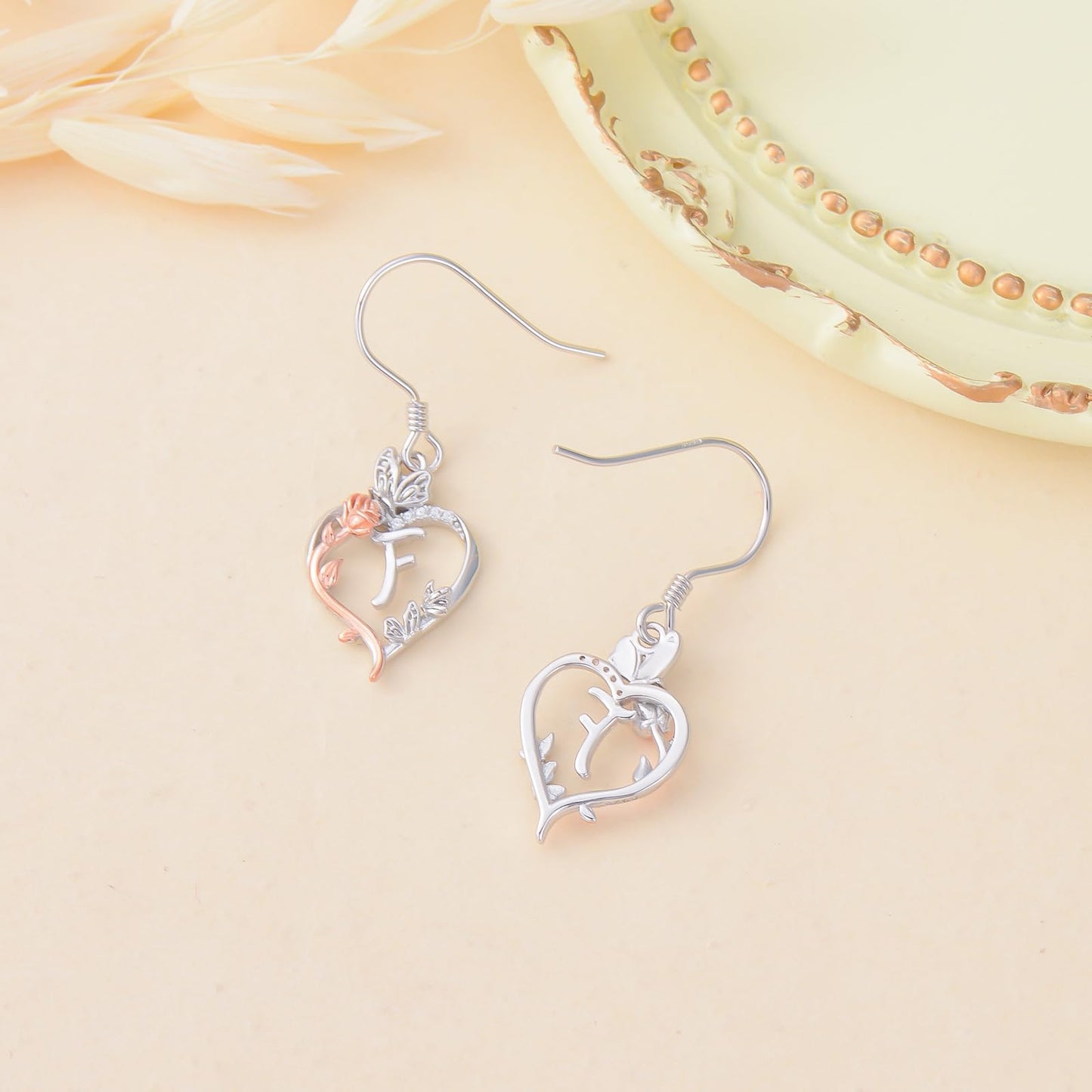 TOUPOP Rose Heart Initial Earrings Sterling Silver Butterfly Earring Initial F Letter Drop Dangle Earrings Jewelry Anniversary Birthday Mothers Day Gifts for Women Mom Wife Girlfriend Her