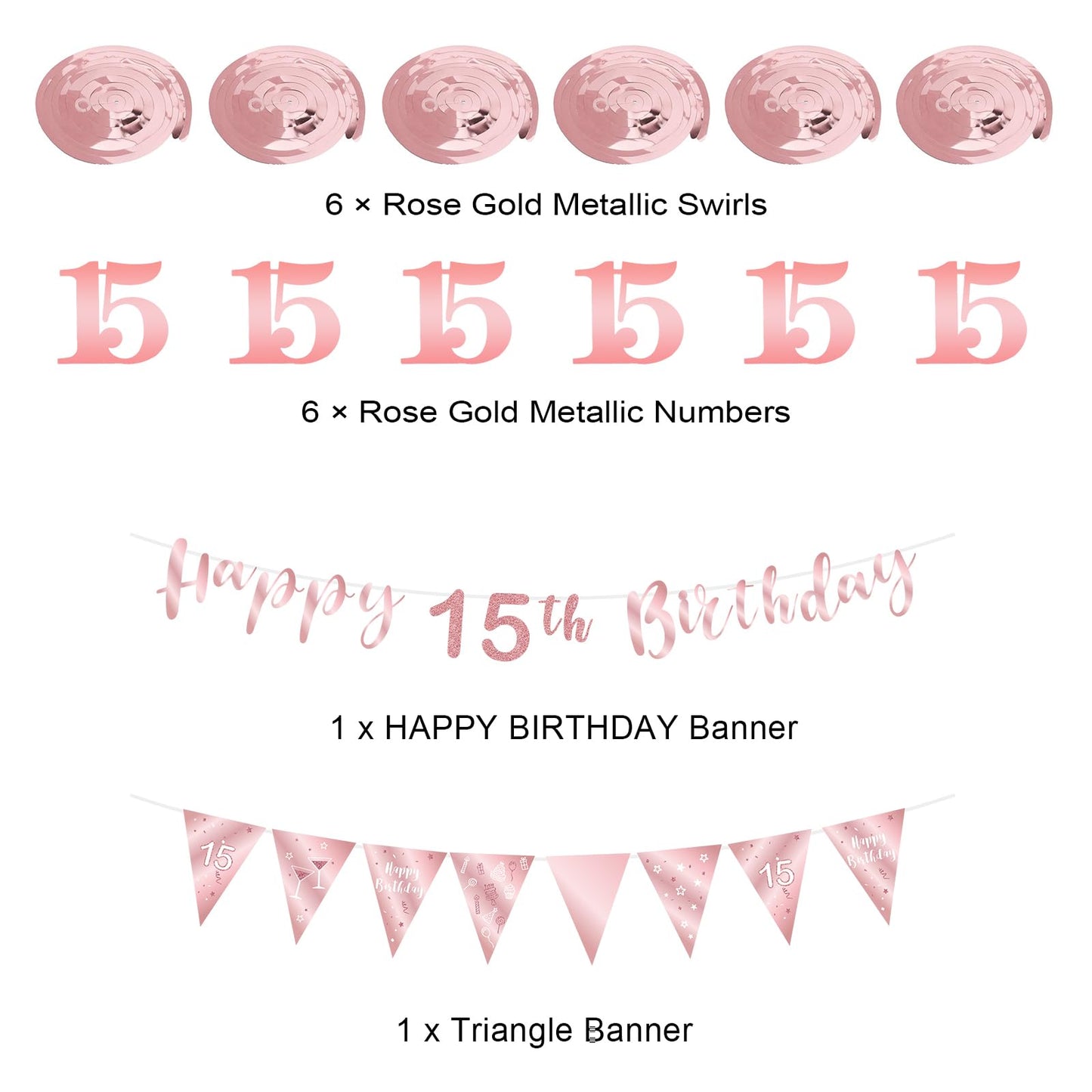 BRT Bearingshui 15th Birthday Decoration Kit for Girls, Happy 15th Banner Bunting Swirls Streamers, Triangle Flag Banner for Party Decorations, Rose Gold 15th