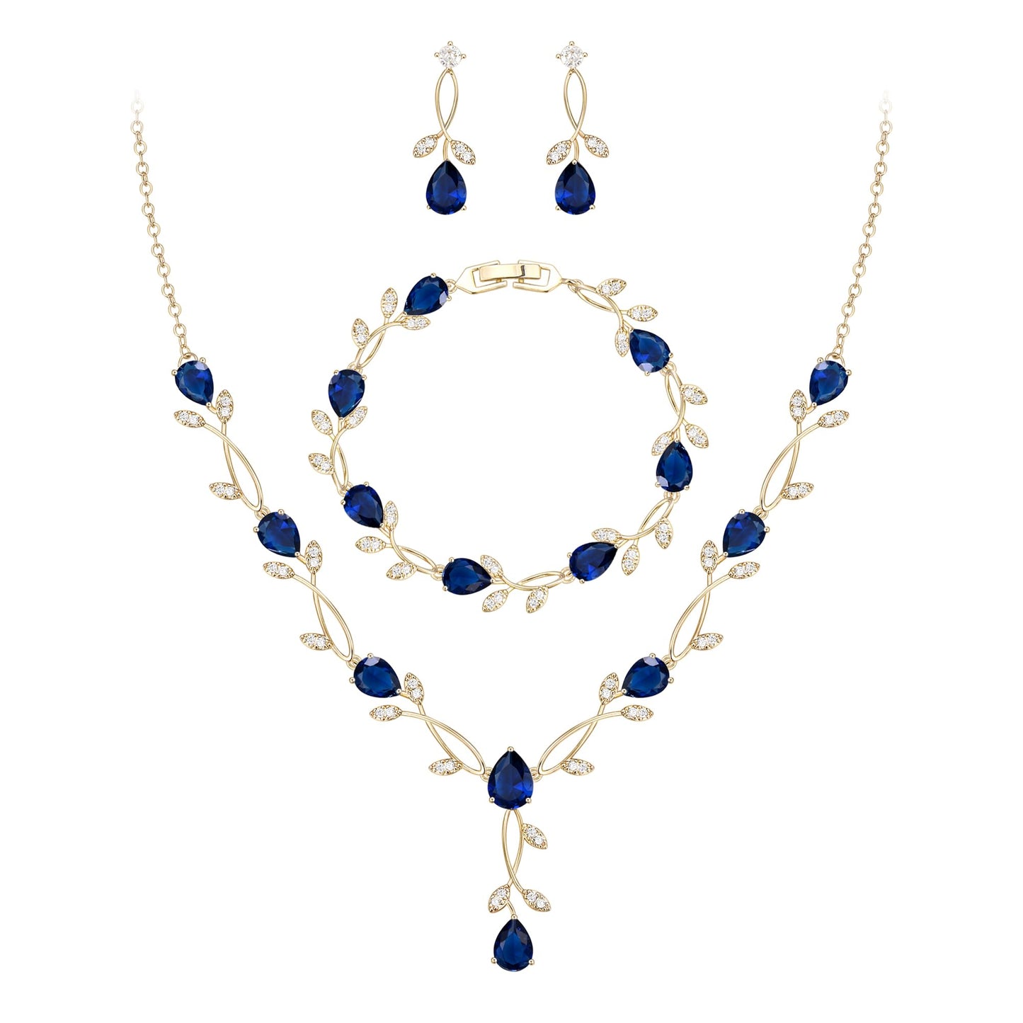 EVER FAITH Wedding Prom Jewelry Set for Bridesmaid, Blue Teardrop Cubic Zirconia Gold-Plated-Brass Bridal Party Necklace Dangle Earrings Bracelet Sets for Women Gift for Mother Friend Wife