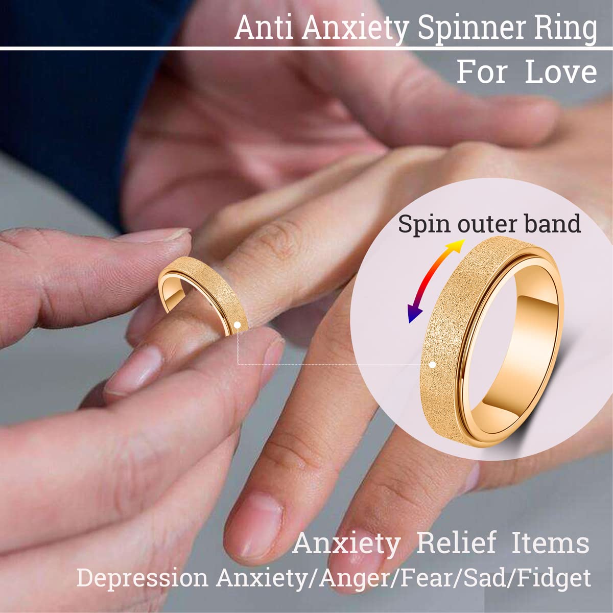 OreilleStar Anxiety Ring for Women Men Titanium Stainless Steel Fidget Toys Adults Spinner Ring 6mm Wide Cool Thumb Rings Band Rings Hand Polished Gold Size 9