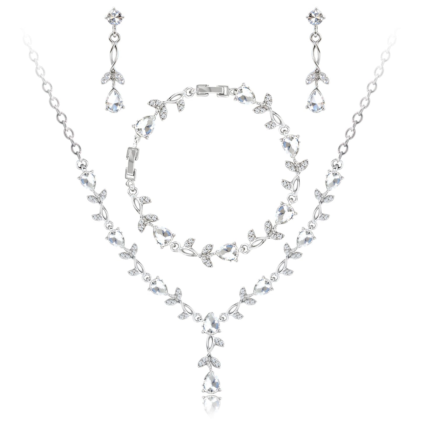 Yaletis Bridal Cubic Zirconia Jewelry Set for Women – Silver Plated Necklace, Earrings & Bracelet Wedding Jewelry Set, Allergy Free Sparkling CZ Set for Brides, Bridesmaids Party Occasions