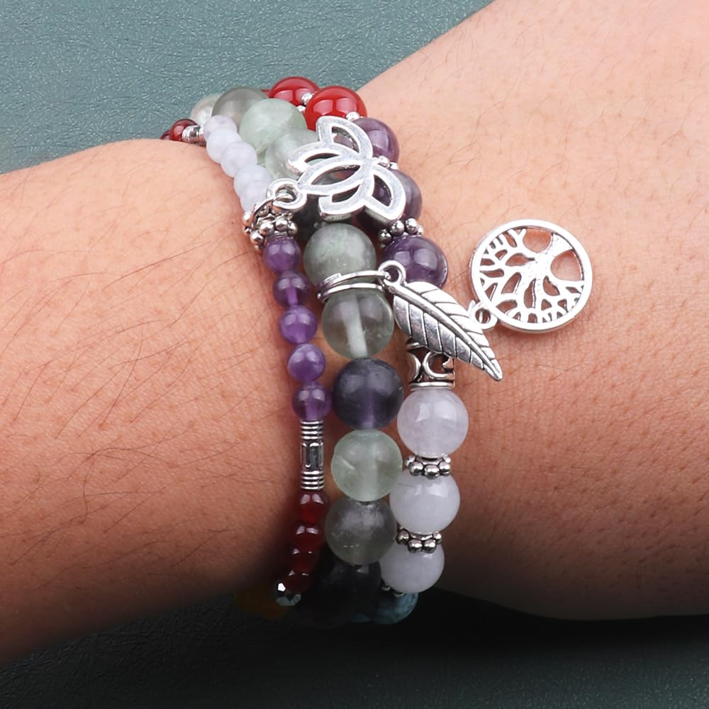 UEUC Tree of Life Yoga Healing Stone Bracelets, Multilayer Lotus Chakra Stone Reiki Bracelet Sets, Anxiety Crystal Natural Stone,for Women Stress Relief(#140)