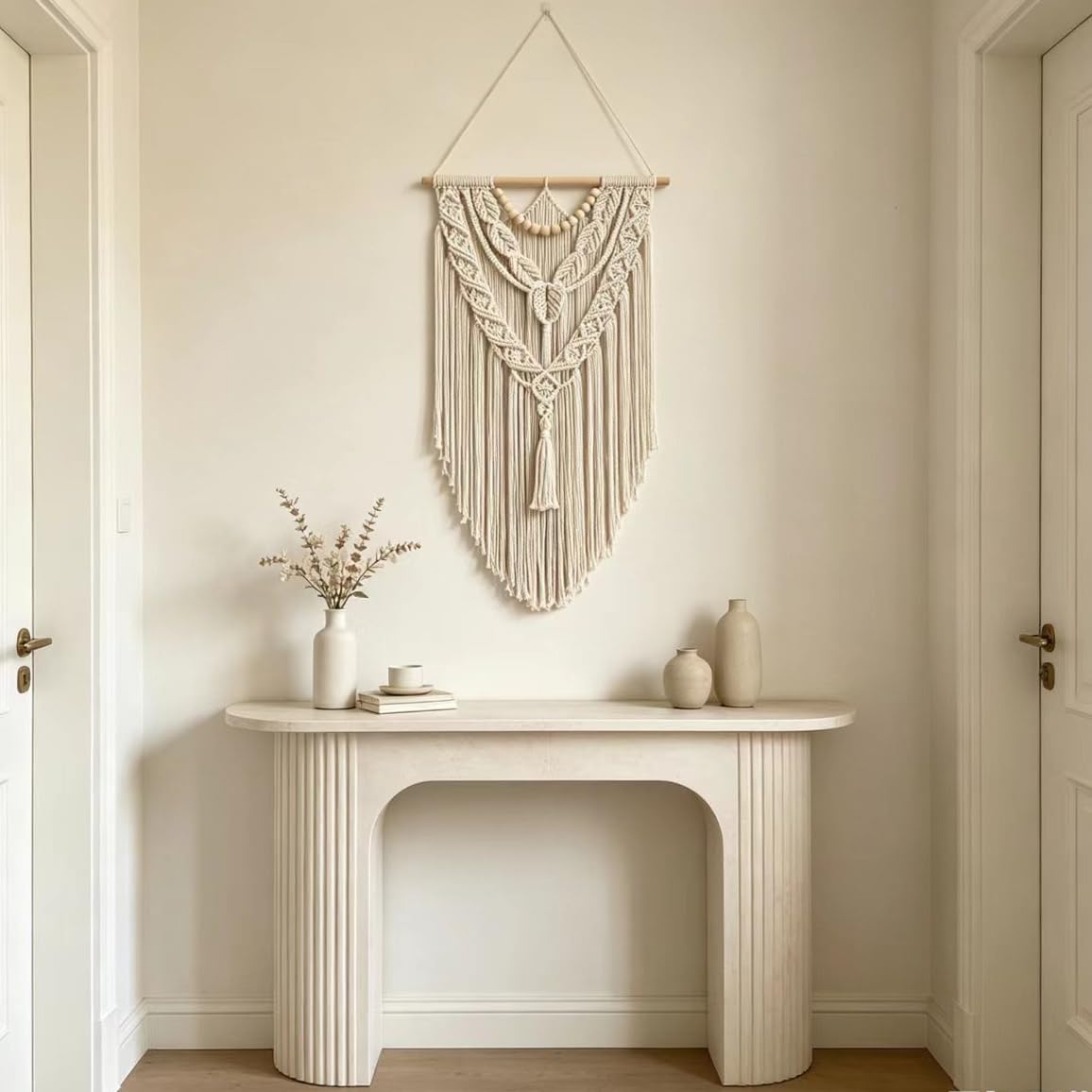 Macrame Wall Hanging Boho Geometric Woven Tapestry Cotton Handmade Bohemian Art Decor with Wood Bead Wall Decor for Bedroom Living Room Apartment Nursery 31.5" L x 17" W (Wood Bead-Y)