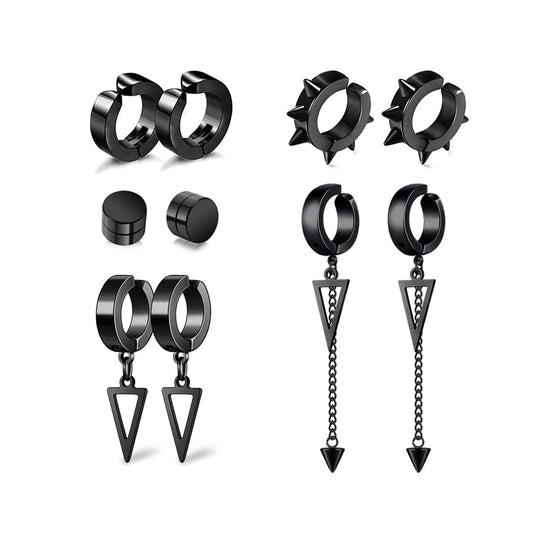 5 Pairs Black Stainless Steel Non-Piercing Spike Rivet Geometric Triangle Dangle Tassel Clip on Hoop Earrings Set for Women Men, Non Pierced Fake Ear Clip Stud Earrings
