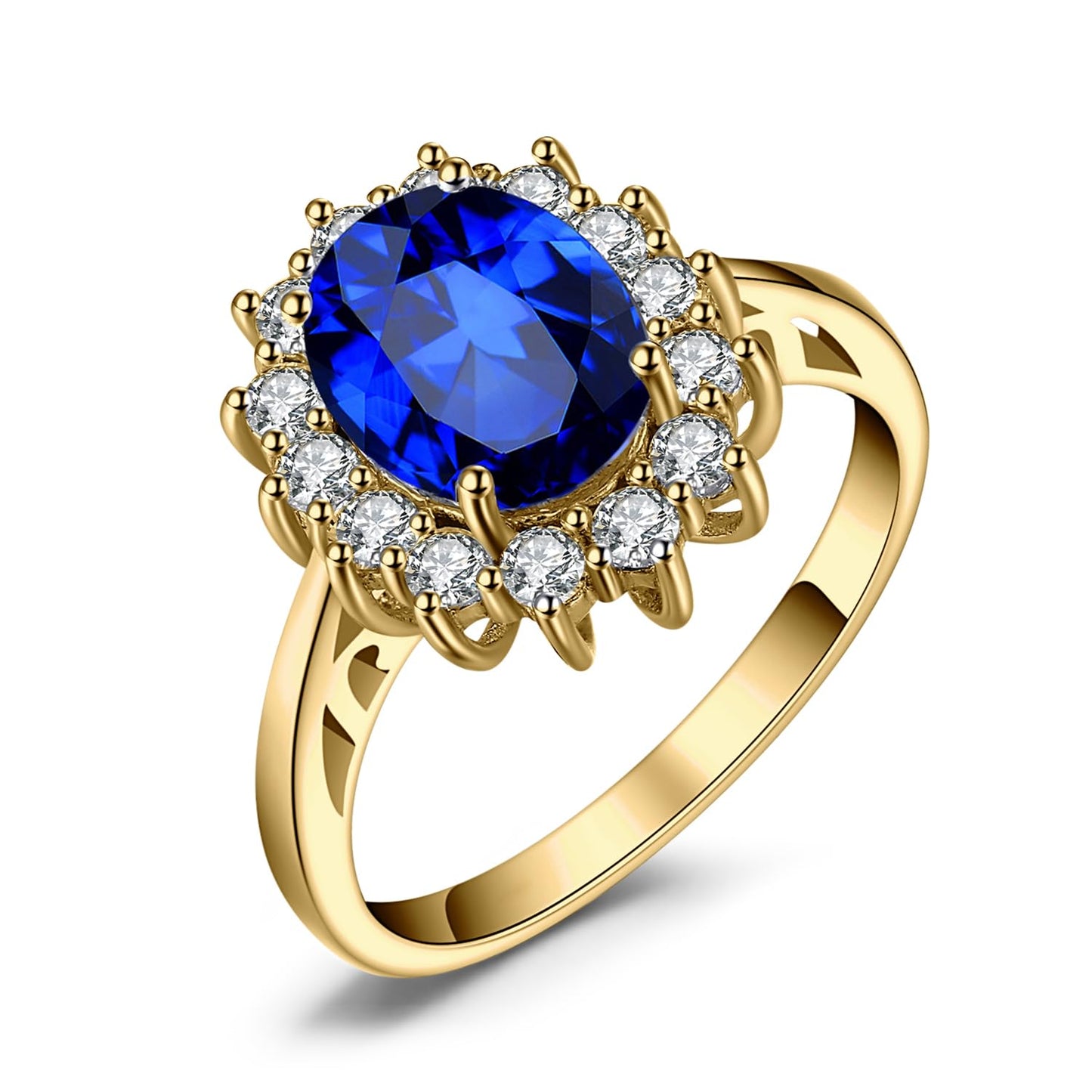 JewelryPalace Princess Diana Kate Middleton Gemstone Birthstone Royal Blue Created Spinel Halo Statement Engagement Rings for Women, 14K Yellow Gold Plated Promise Rings for Her Size 10.5
