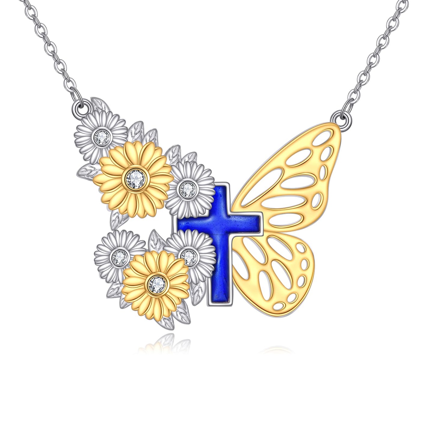 YFN Butterfly Cross Necklace Sterling Silver Sunflower Cross Pendant Necklace Christian Jewelry for Women Catholic Gifts for Women