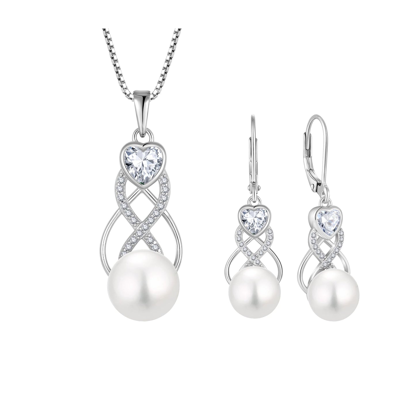 Pearl Earrings Necklace Jewelry Set for Women 925 Sterling Silver Heart Simulated Diamond Freshwater Pearl Jewelry Gift for Her