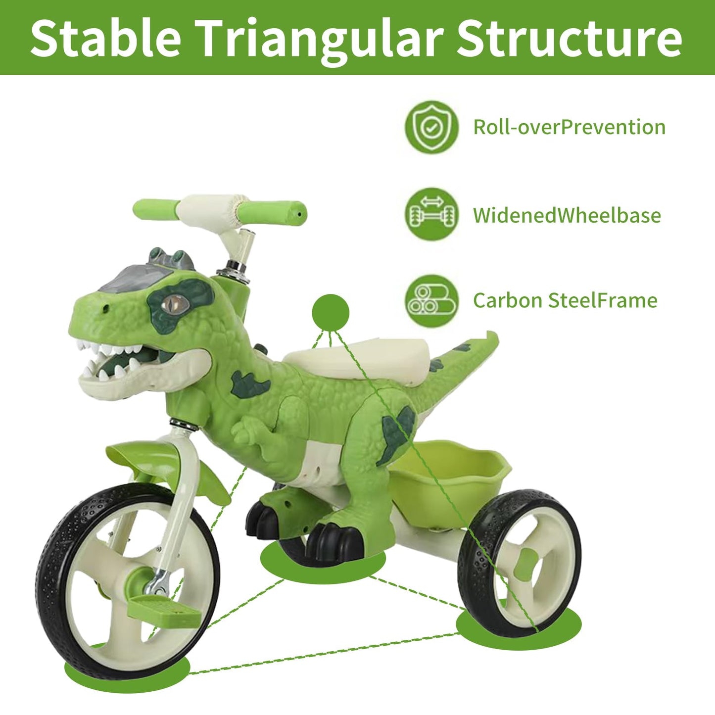 Dinosaur Kids Tricycle for Rider, Toddlers 2-6 Years - Trike Bike with Music, LED Lights, Storage Basket & Rubber Wheels | Indoor/Outdoor Big Wheels Bike Gift for Boys & Girls
