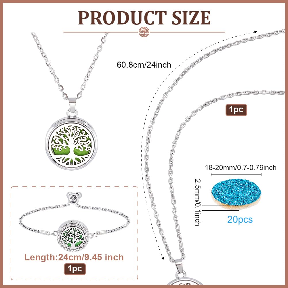 PH PandaHall 2pcs Essential Oil Diffuser Bracelet Necklace Set, Tree of Life Stainless Steel Pendants Charms Adjustable Aromatherapy Locket Jewelry with 20 Random Color Refill Pad for Women Mom Gift