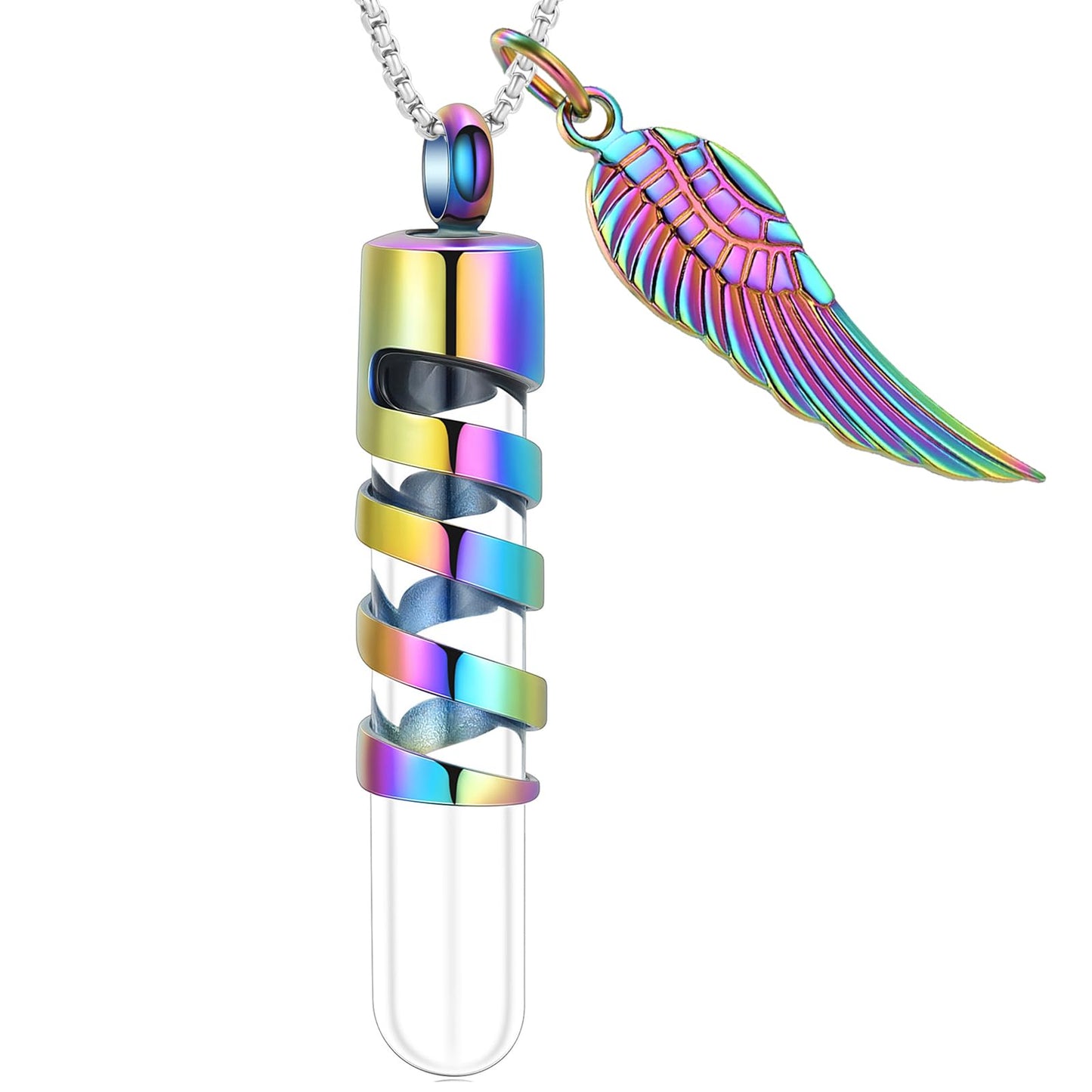 Oinsi Clear Glass Tube Cremation Urn Jewelry Ashes Holder Necklace Keepsake Memorial Pendant Including Box/Fill Kits (Colorful (Angel wing))