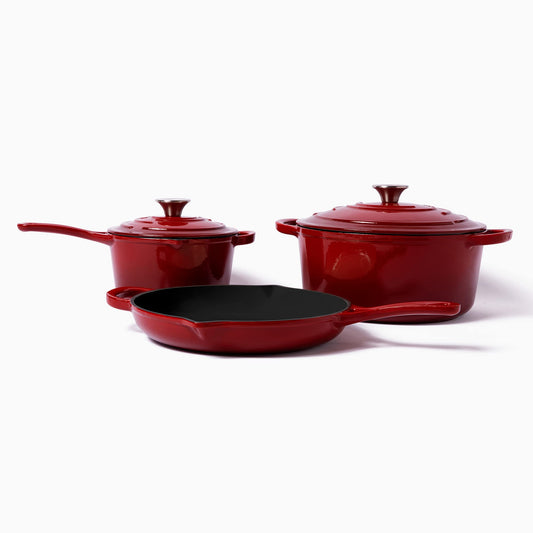 Larder & Vine 5-Piece Enameled Cast Iron Cookware Set - Includes 5.7 Quart Dutch Oven with Lid, 10.25 Inch Skillet, 2.2 Quart Saucepan with Lid (Cabernet)