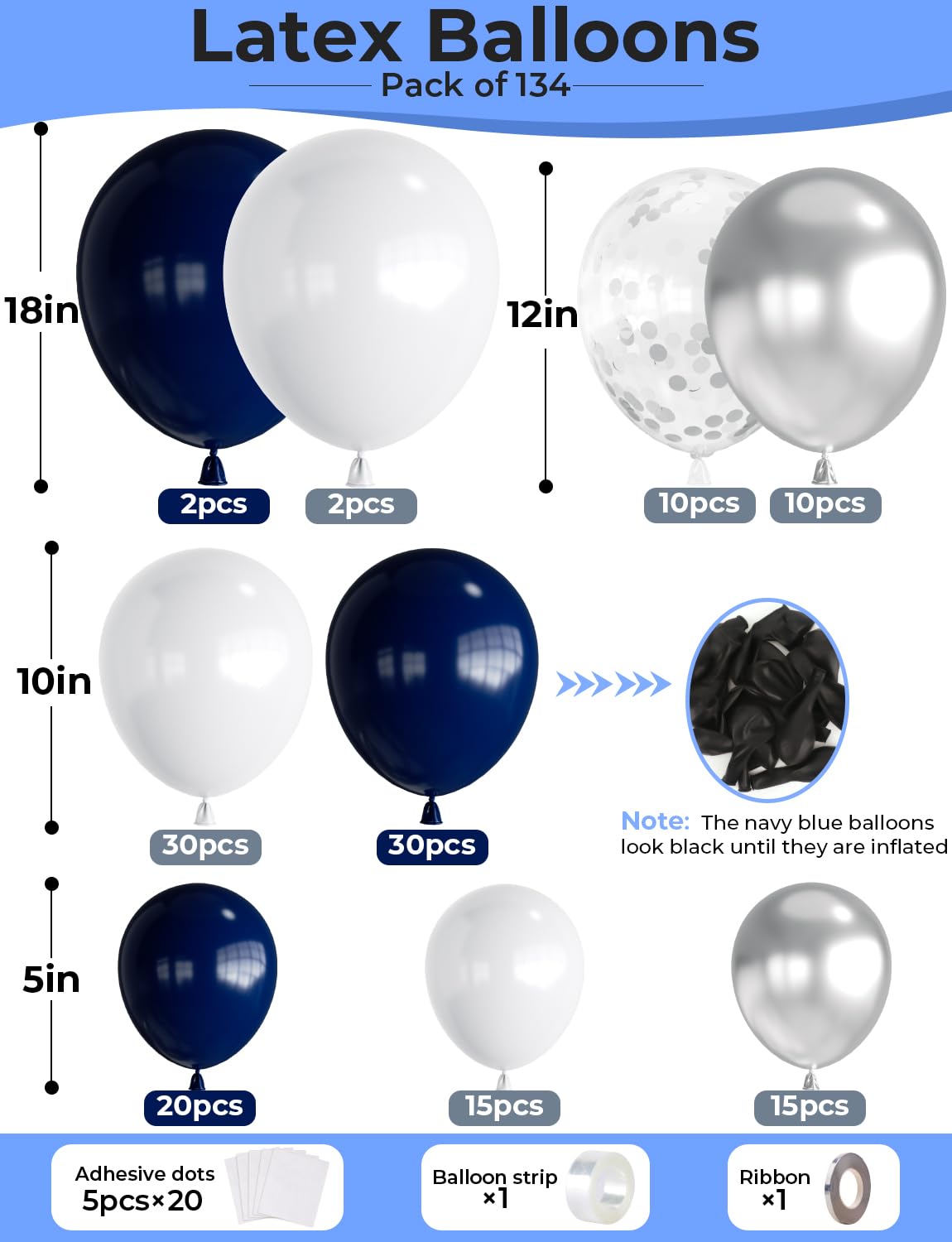 Navy Blue and Silver Balloons Garland Arch Kit,134 Pcs Graduation Balloons, White Navy Blue and Silver Balloons with Confetti Latex Balloons for Graduation, Birthday Baby Shower Wedding Decorations