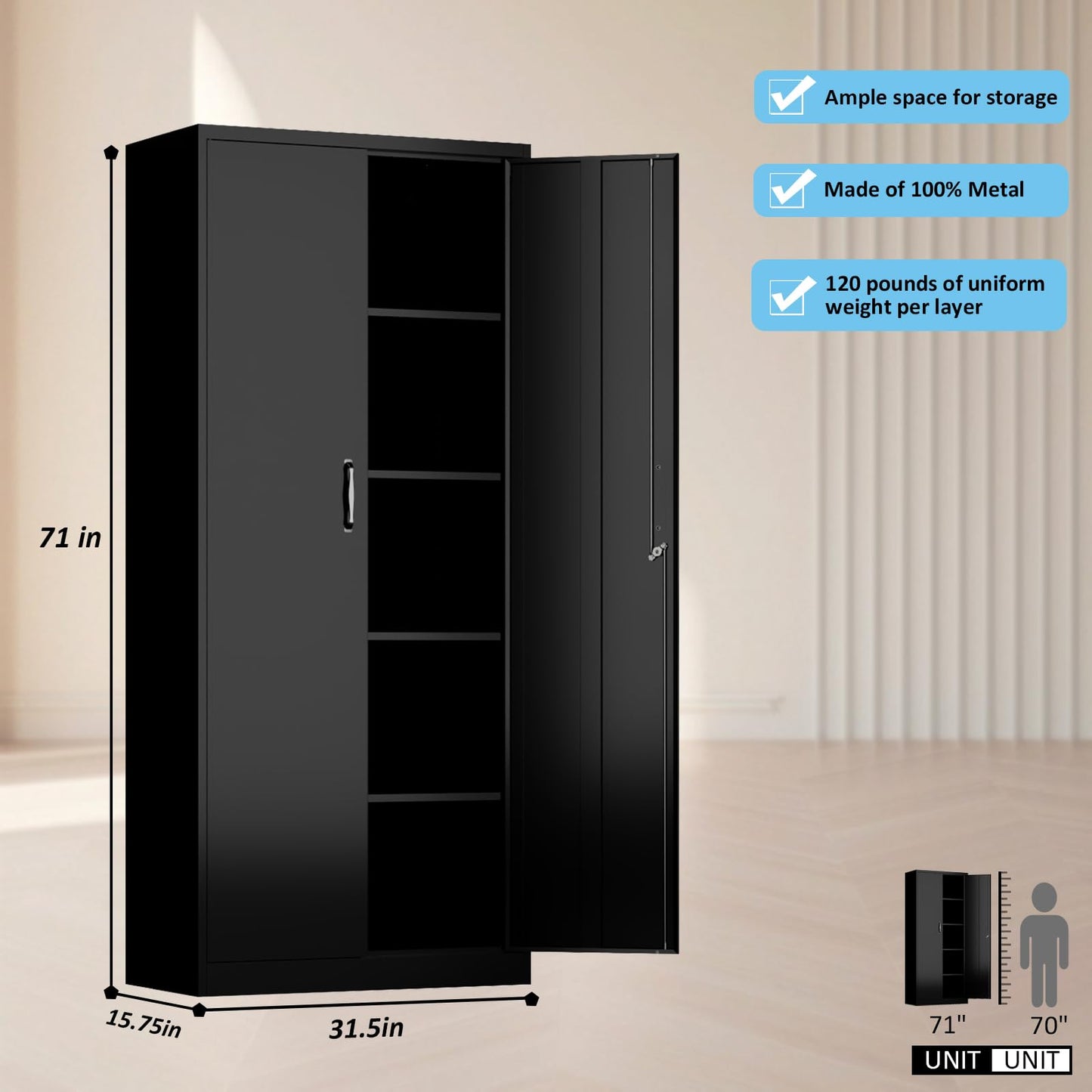 CBCNWR Metal Storage Cabinets with Lock, 71” Metal Garage Storage Cabinet, Black Garage Storage Cabinets with Doors and Shelves, Locking Cabinet for Office, Home, Warehouse, Tool