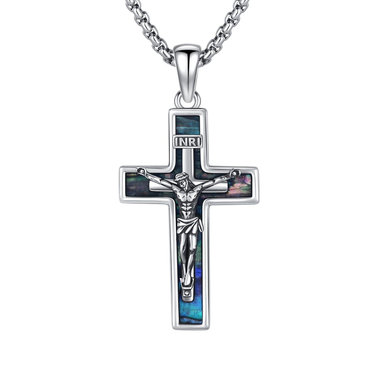 YEESIA Cross Necklace for Women Men 925 Sterling Silver Jesus Crucifix Pendant Necklace with Abalone Cross Jewelry Gift for Women Men