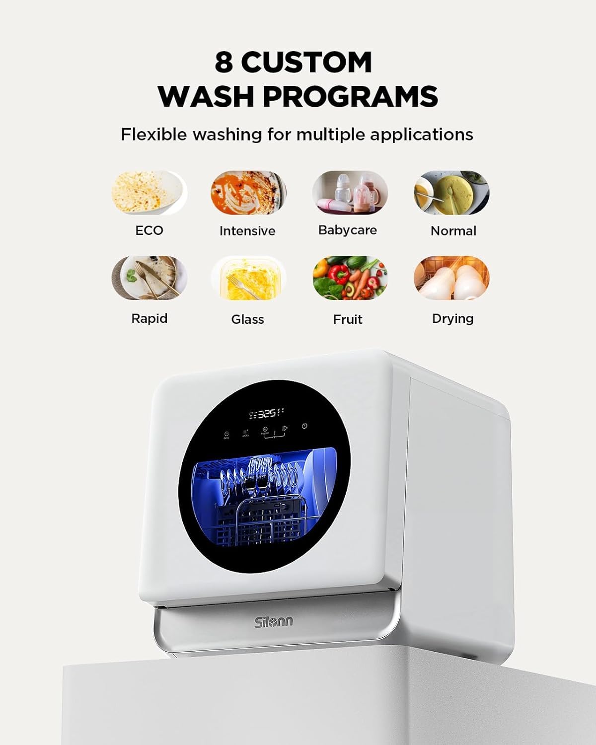 Silonn Portable Countertop Dishwasher with App Control, Mini Dishwasher with 5L Water Tank for Apartments/RVs No Hookup Needed, Dish washer with 8 Wash Programs 4 Place Settings Auto Air Dry