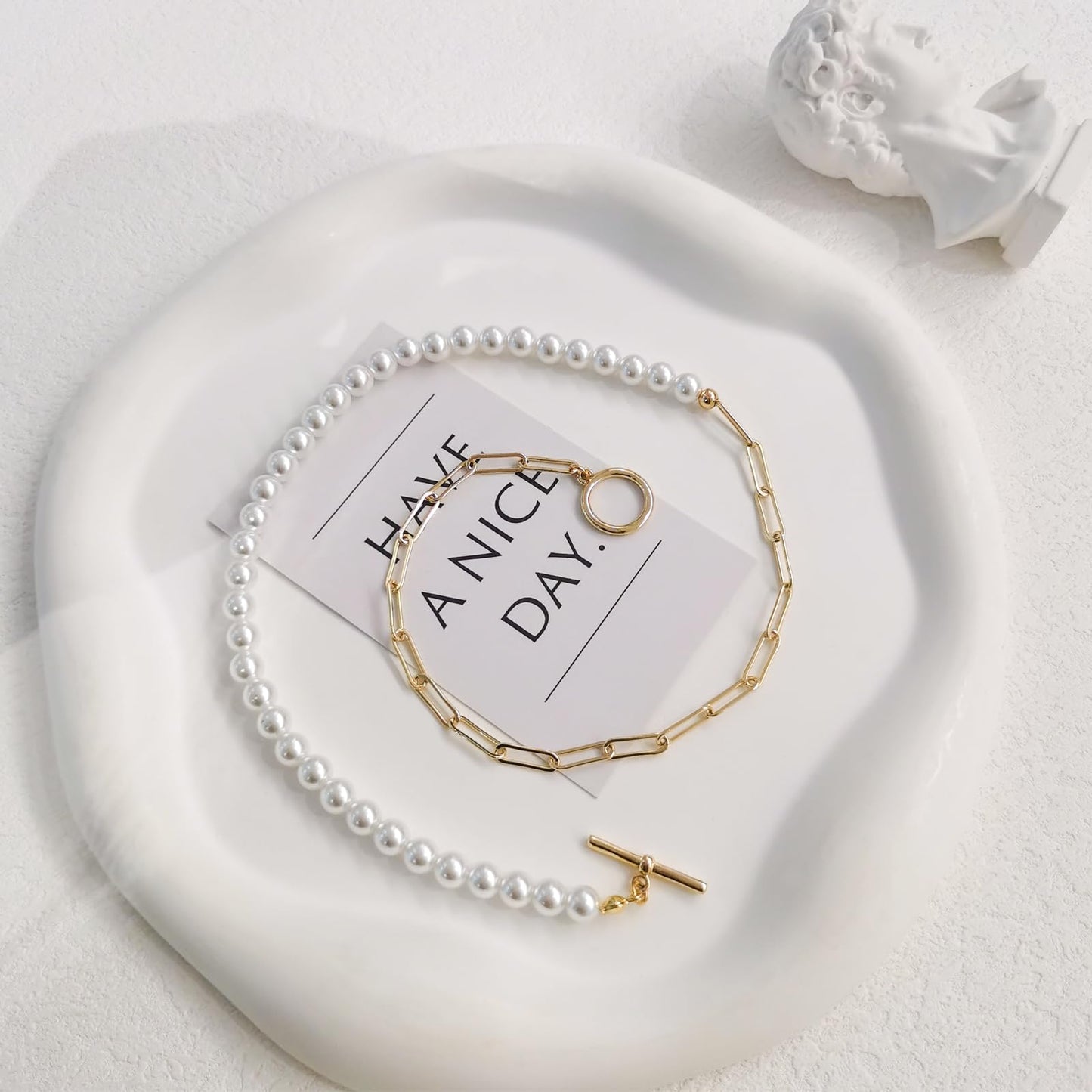 Zeffy Pearl Paperclip Chain Necklace, Vintage Chunky Link Chain Baroque Gold Pearl Paper Clip Choker Necklace Fashion Retro Charm Valentine Jewelry for Women