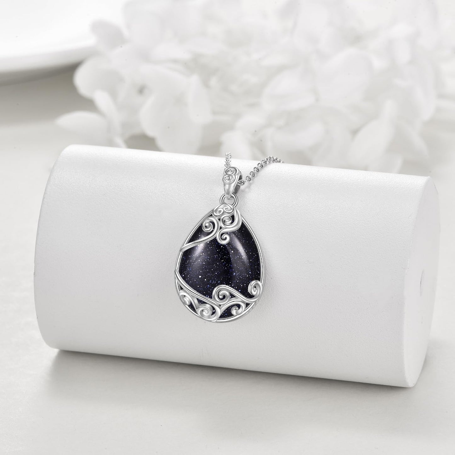 YAFEINI 925 Sterling Silver Blue Sandstone Necklace Filigree Teardrop Pendant Necklace Jewelry for Women (FF-Blue Sandstone Filigree Necklace)