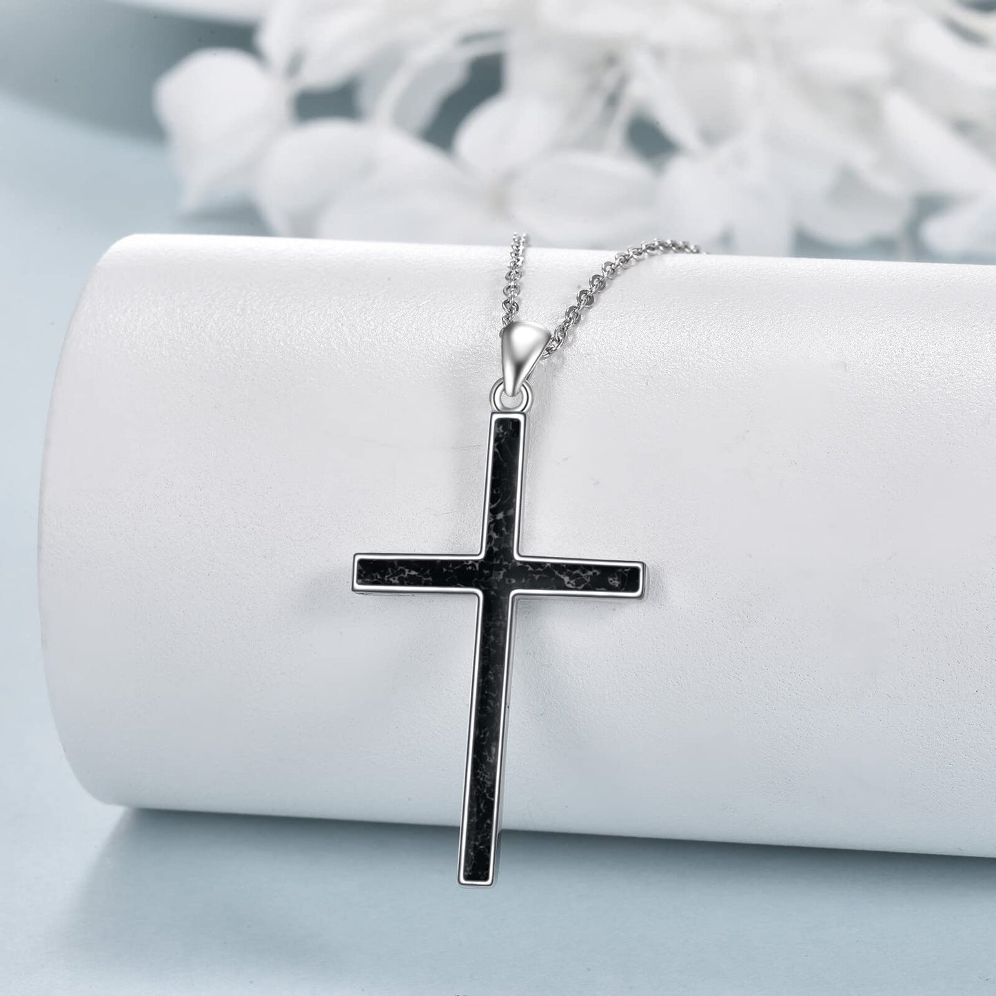 YFN Cross Necklace Sterling Silver Black Tourmaline Cross Pendant Religious Jewelry Gifts for Women Men