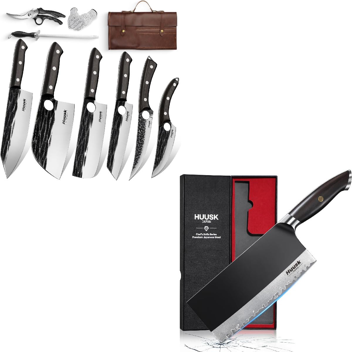 Huusk Knives Set, Serbian Chef Knife Set with Bag, Japanese Butcher Knife for Meat Cutting, 7.5 inch Meat Cleaver, Hand Forged High Carbon Steel Full Tang Knife Set with Ebony Handle Gift for Men