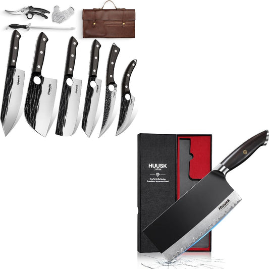 Huusk Knives Set, Serbian Chef Knife Set with Bag, Japanese Butcher Knife for Meat Cutting, 7.5 inch Meat Cleaver, Hand Forged High Carbon Steel Full Tang Knife Set with Ebony Handle Gift for Men