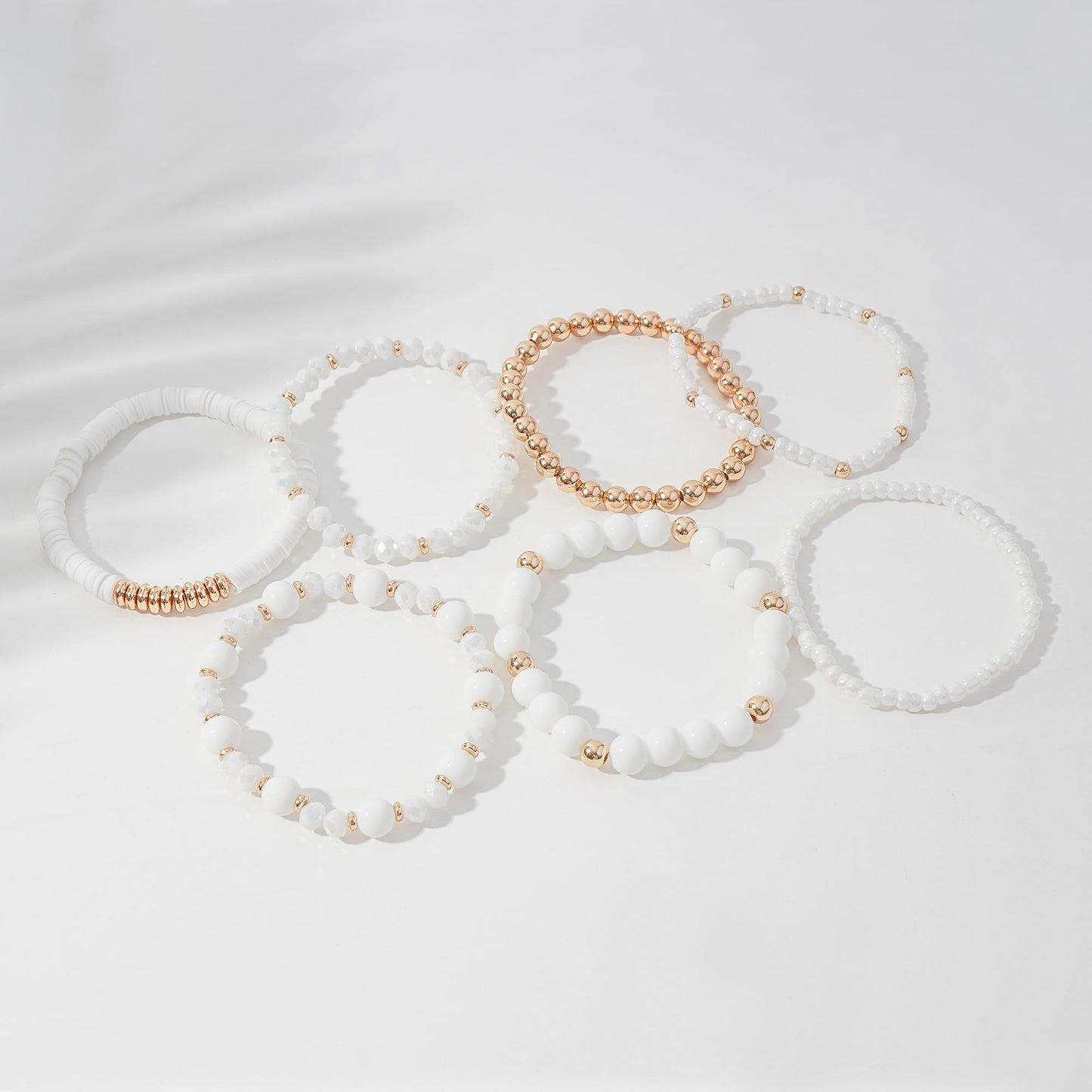 GOOJIDS White Surfer Heishi Clay Bead Bracelets for Women Bohemian Stackable Gold Plated Beaded Stretch Bracelets Elastic Layering Friendship Bracelets Set Boho Jewelry