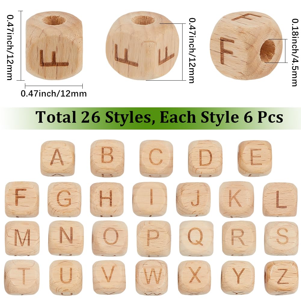 SUNNYCLUE 156Pcs 26 Styles Cube Wood Letter Beads Wooden Bead Alphabet 12mm Square Shape Initial A-Z Charms with 4.5mm Large Hole Loose Spacers for Jewelry Making Beading DIY Crafts Bracelet Earrings