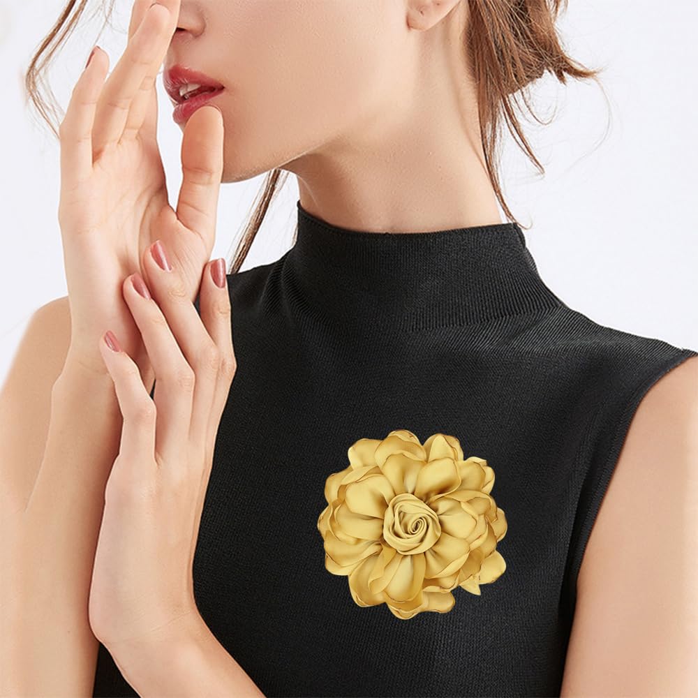 Elegant Large Cloth Flower Brooches Big Camellia Flower Pin for Women Dainty Cloth Fabric Rose Brooches Dress Skirt Scarf Hat Pins Clothing Decoration Accessories (Yellow A)