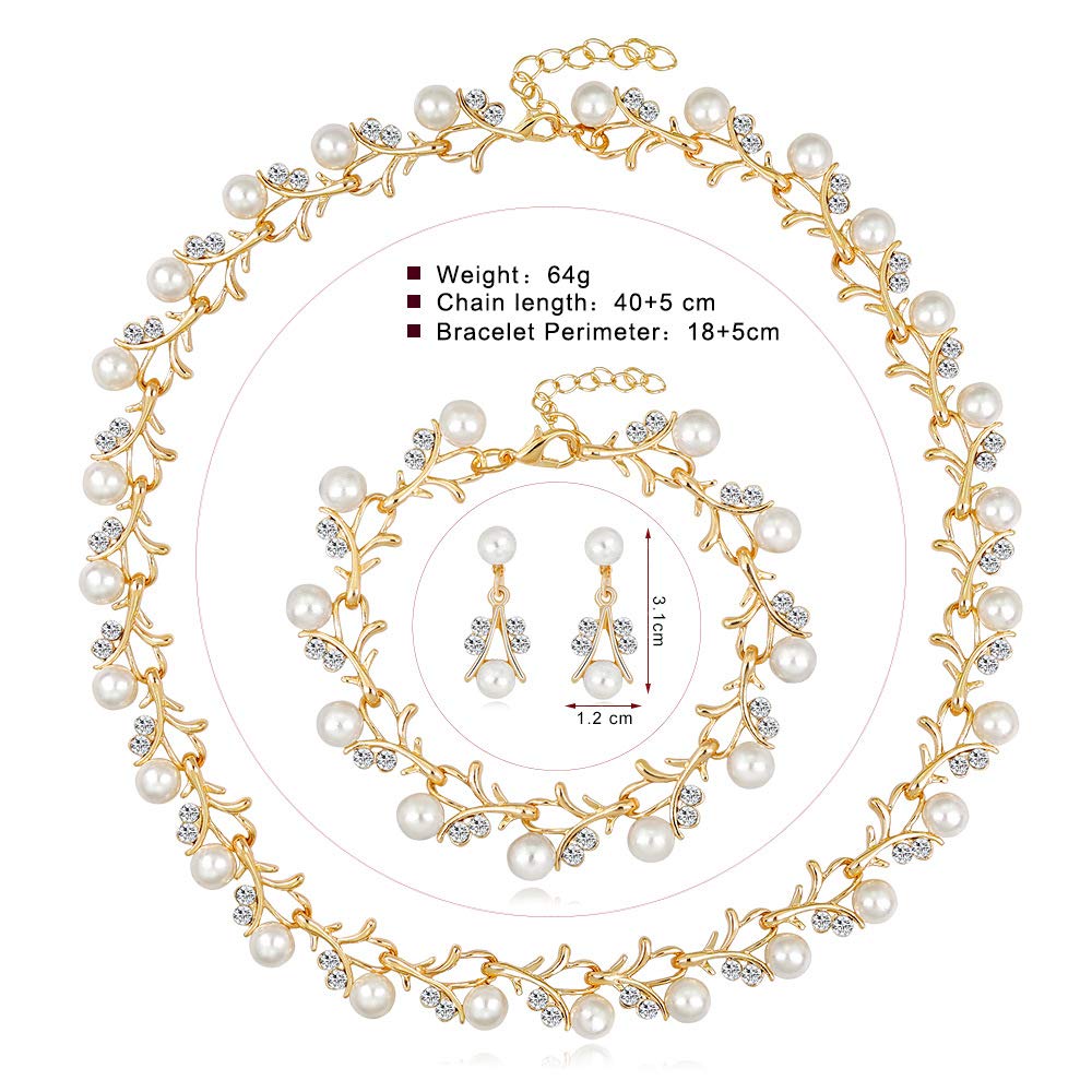 tenghong2021 Fashion Classic Faux Pearl Jewelry Set Necklace Bracelet Earrings for Women Best Gift (Gold Leaf)