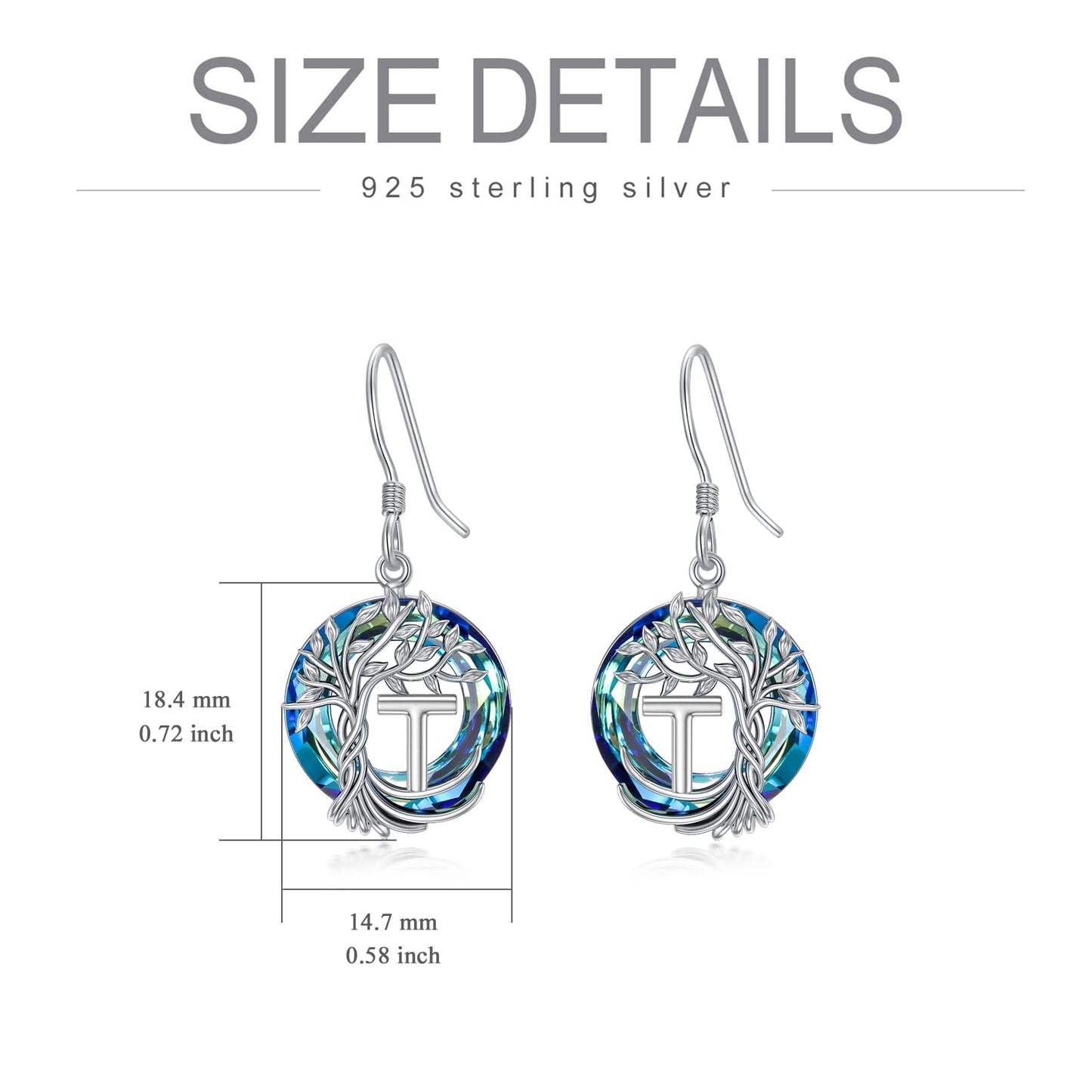 TOUPOP Tree of Life Initial Earrings Sterling Silver Initial T Letter Drop Dangle Earrings Blue Circle Crystal Family Tree Jewelry Birthday Mothers Day Gifts for Women Mom Her