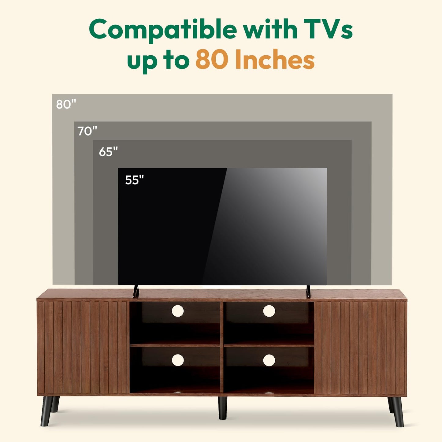 Lamtor TV-Stands for Living Room - Mid Century Modern TV Stand for 75+ inch TV, Entertainment Center with Storage, Media Console with Adjustable Shelves, Walnut