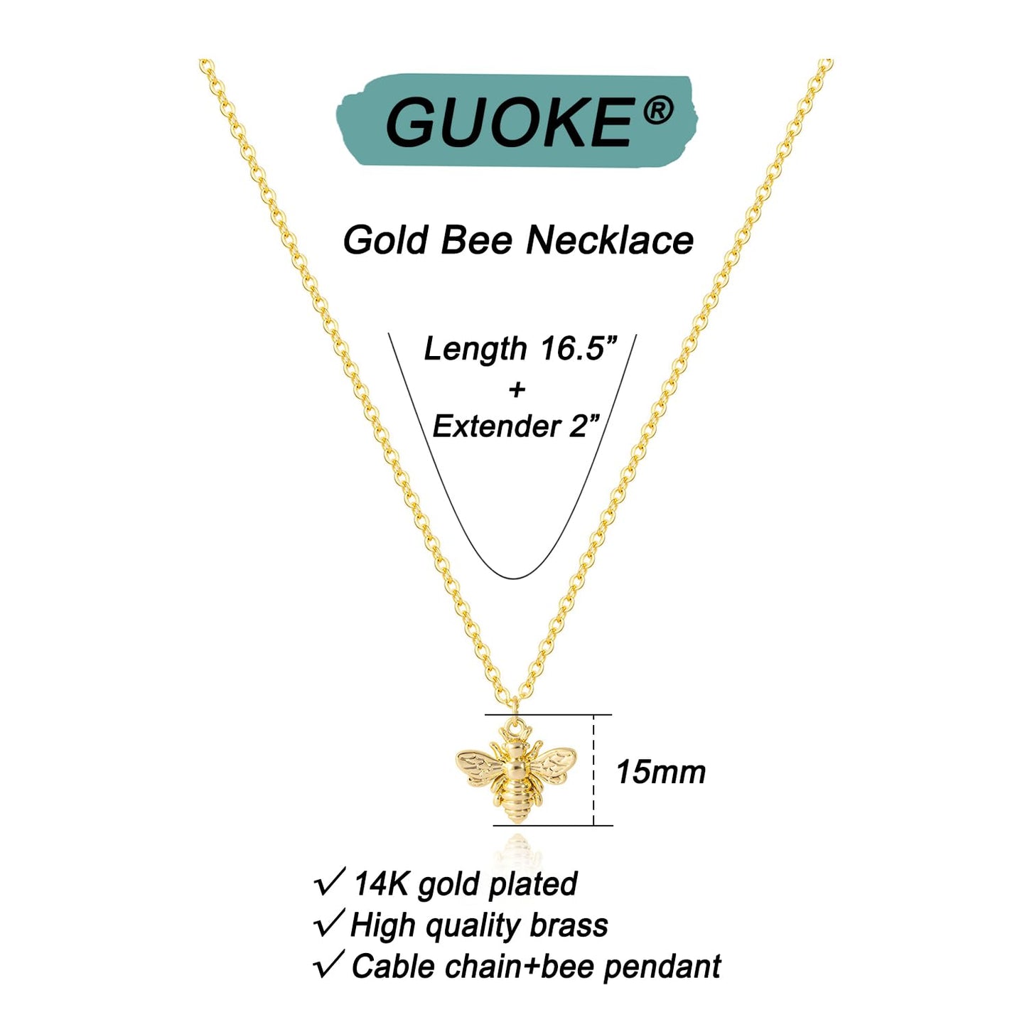 GUOKE Bee Necklace - 14K Gold Plated Dainty Gold Necklace Simple Jewelry for Women